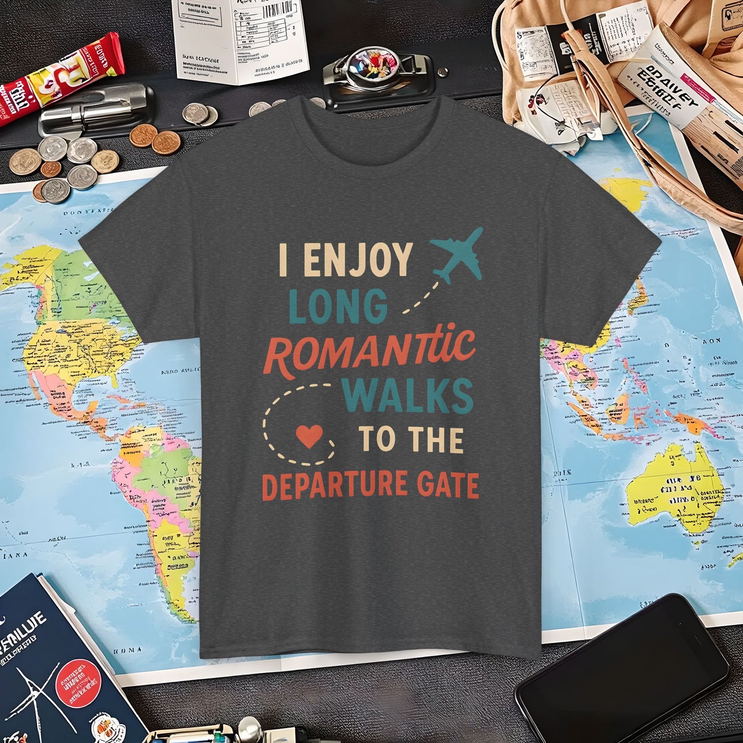 Long Romantic Walks to the Departure Gate Tee – Playful Vintage Travel Shirt Air Travel T-Shirts | Jetsetter, Airport, and International Flight Tees