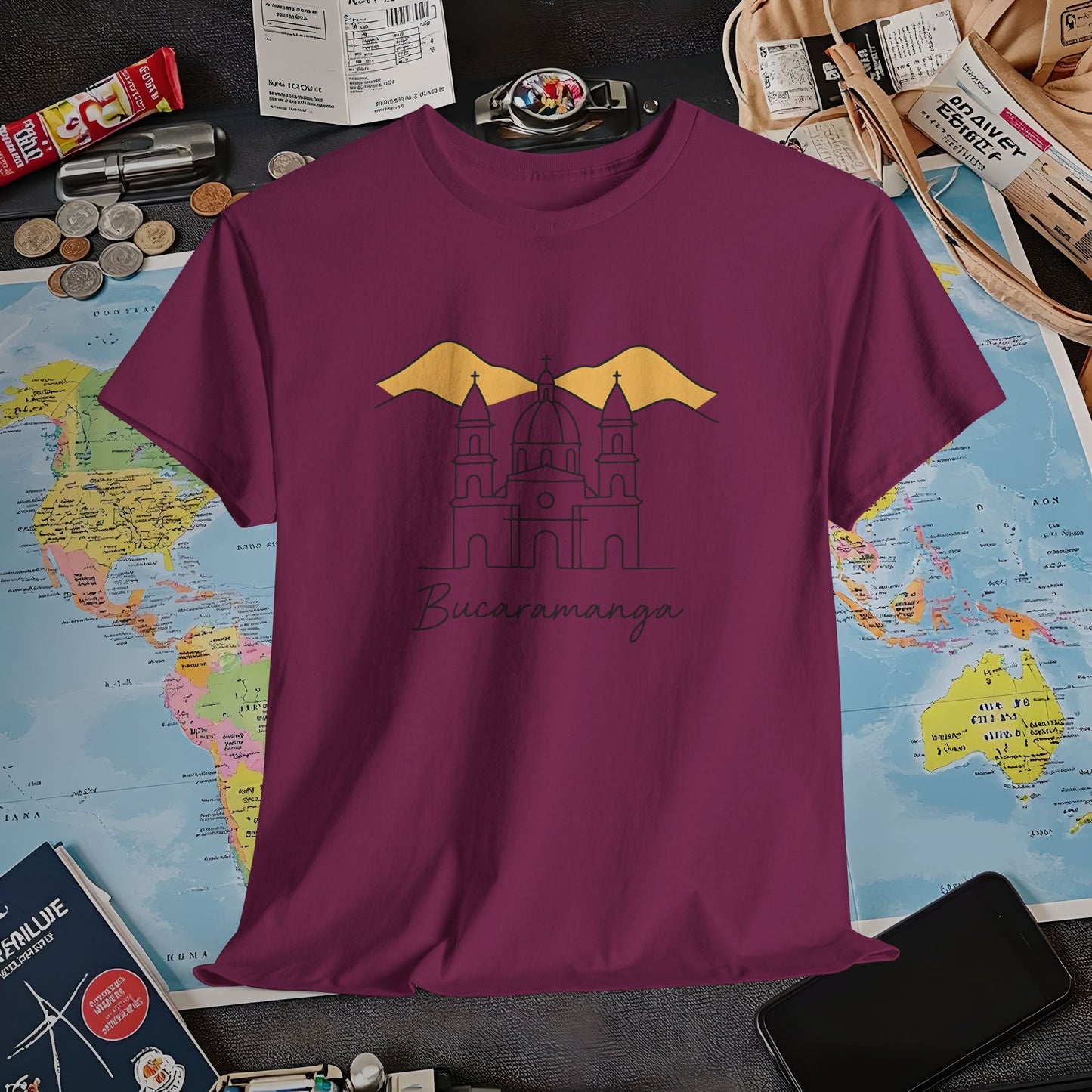 Bucaramanga Cathedral with Andes Silhouette – Vintage Colombia Travel Tee | Layover Club Air Travel T-Shirts | Jetsetter, Airport, and International Flight Tees