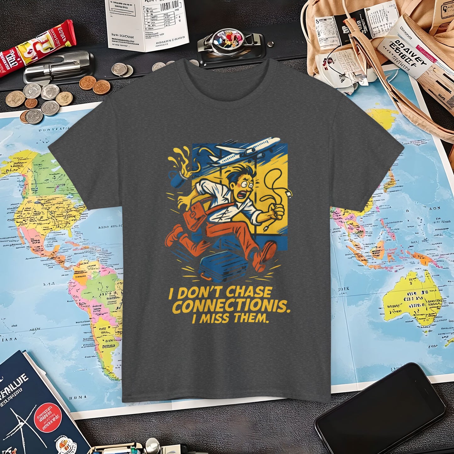 I Don’t Chase Connections, I Miss Them – Frantic Airport Traveler Tee Air Travel T-Shirts | Jetsetter, Airport, and International Flight Tees
