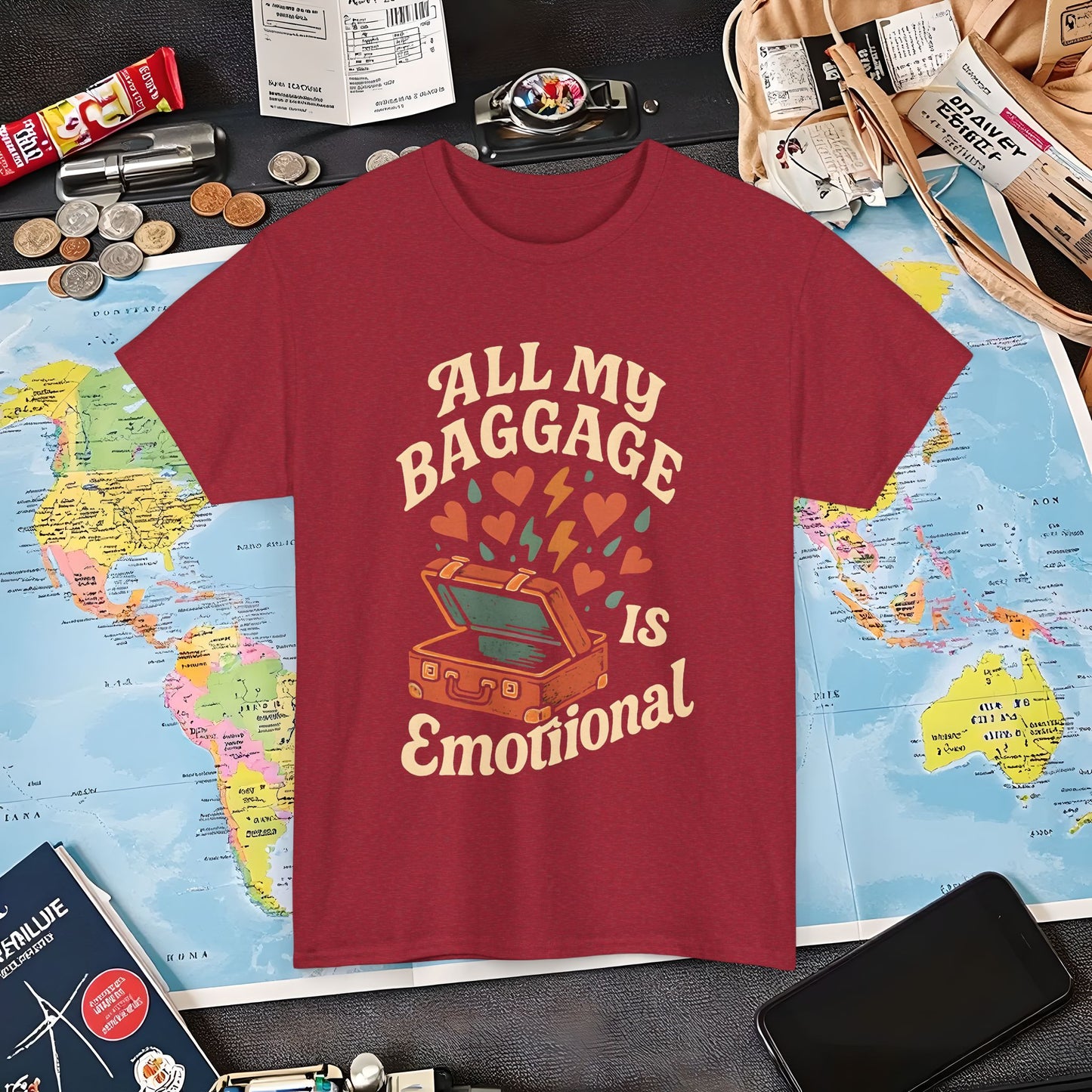 All My Baggage Is Emotional – Retro Suitcase Overflowing with Feelings Tee Air Travel T-Shirts | Jetsetter, Airport, and International Flight Tees