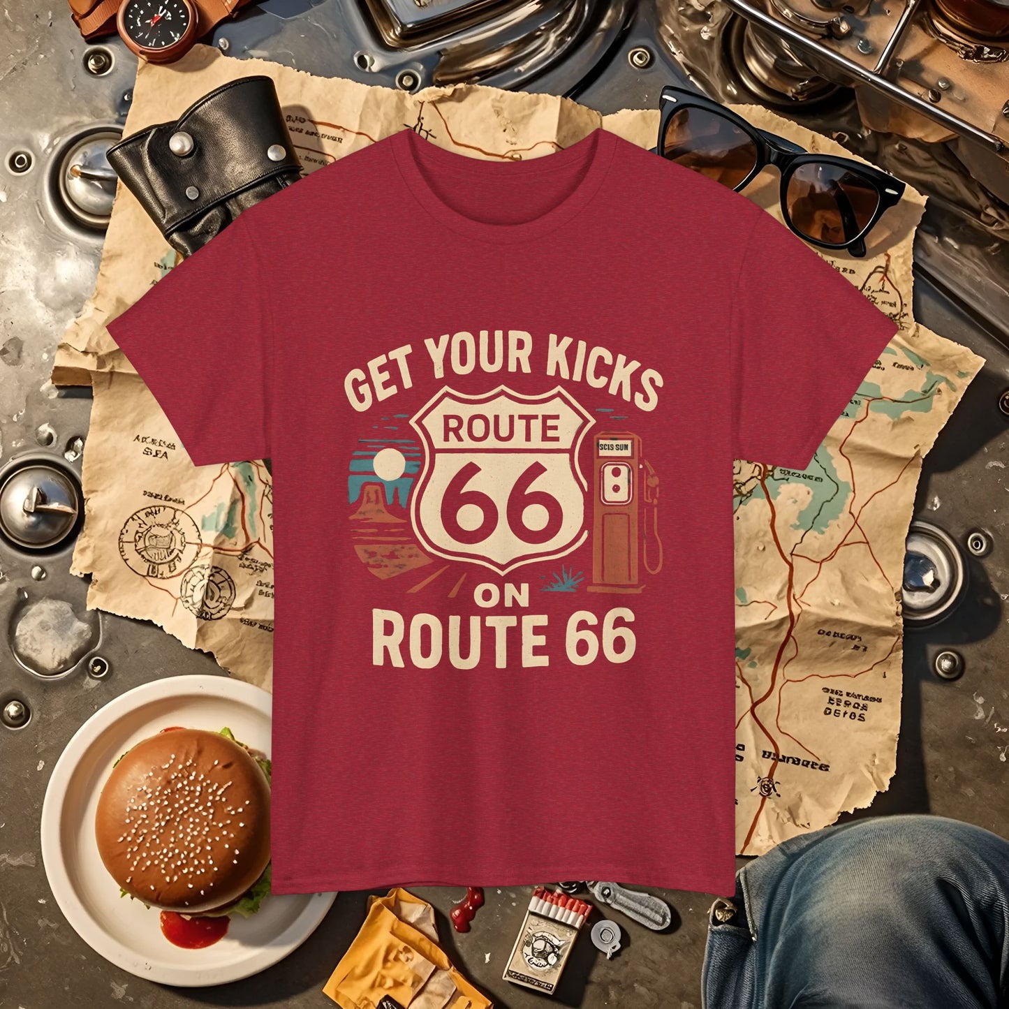 Get Your Kicks on Route 66 T-Shirt – Vintage Desert Scene with Classic Gas Pump & Roadside Vibes Road Trip & Vehicle Travel T-Shirts | Car, RV, and Motorcycle Adventure Tees