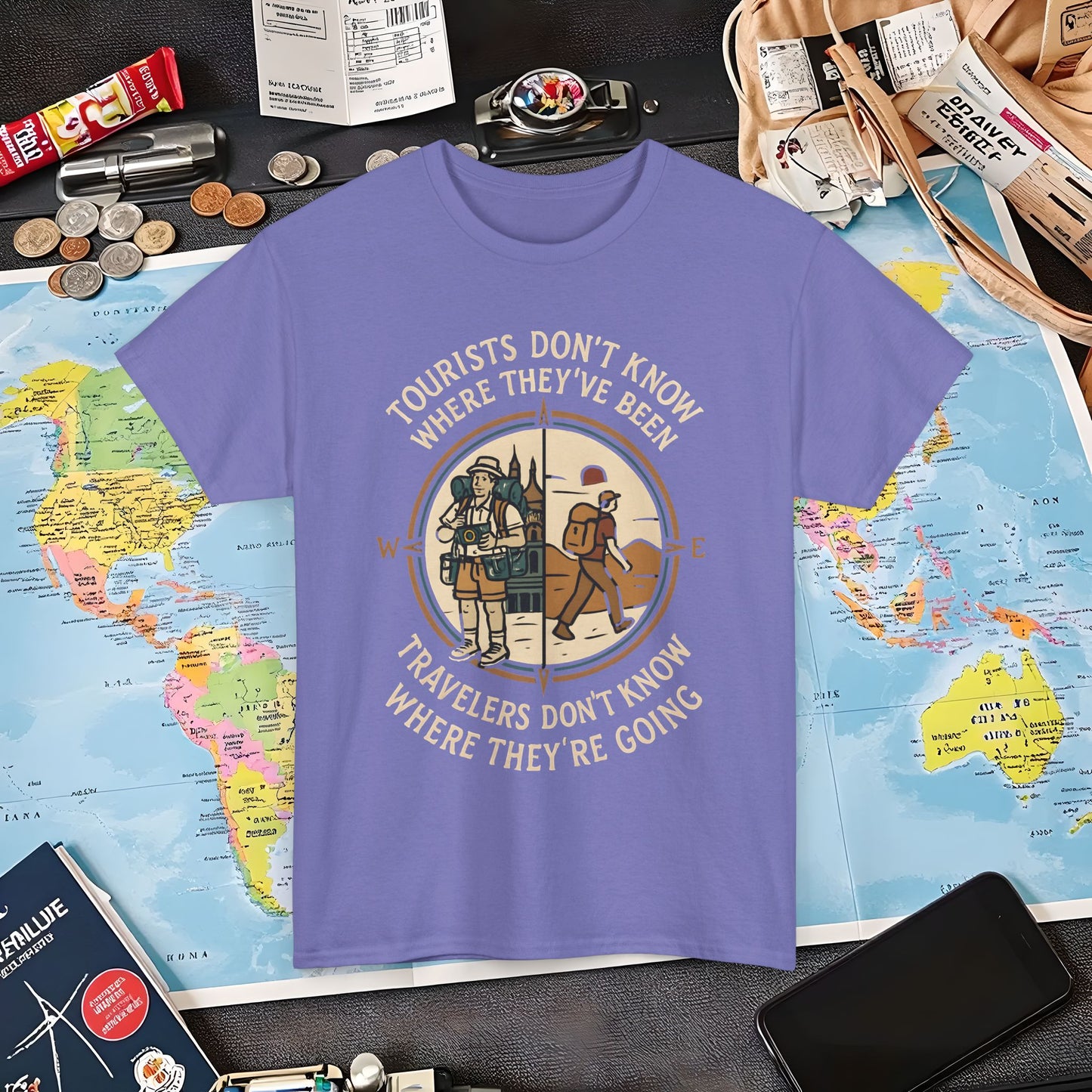Tourists vs. Travelers – Vintage Compass Emblem Quote Tee | Layover Club Air Travel T-Shirts | Jetsetter, Airport, and International Flight Tees