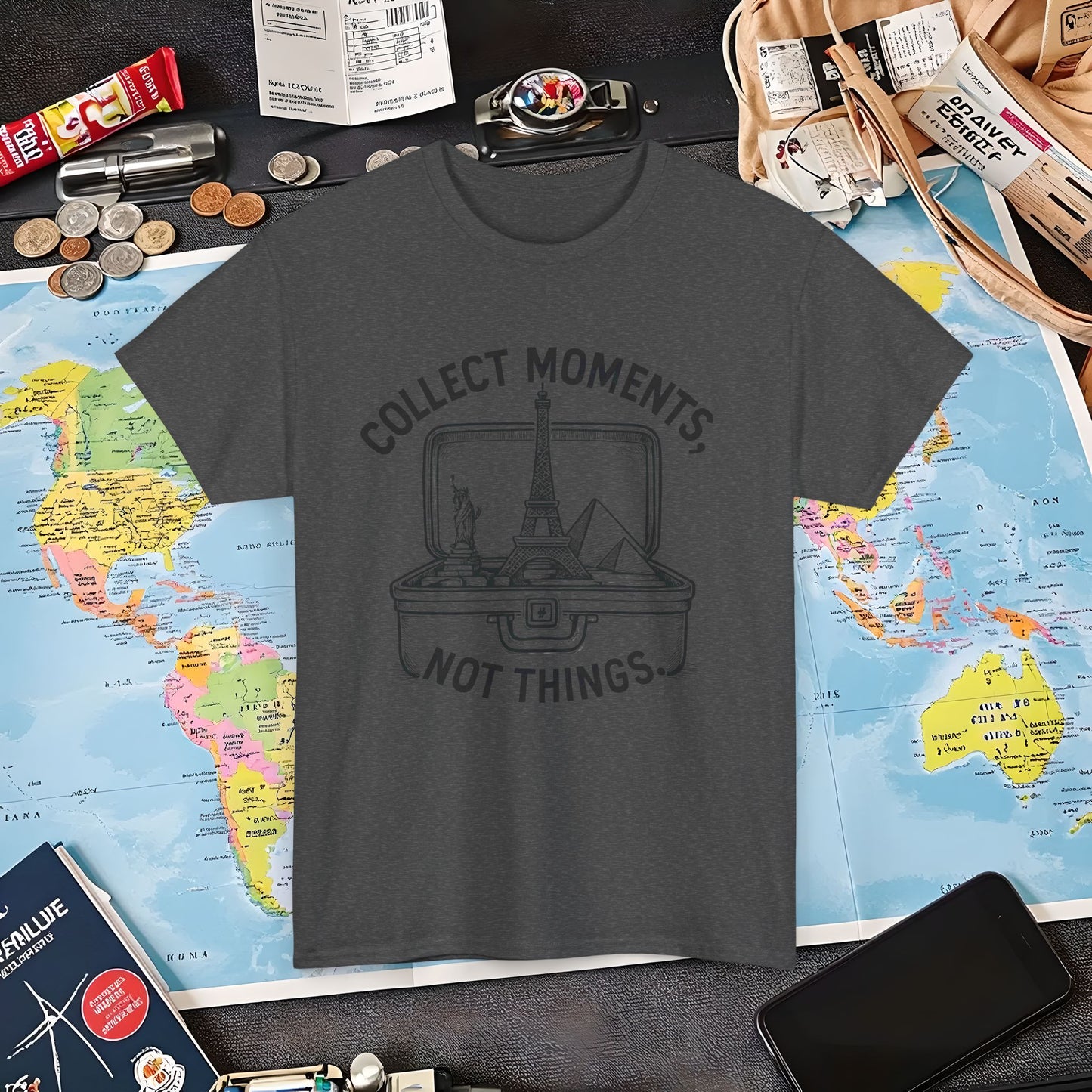 Collect Moments, Not Things T-Shirt – Inspirational Travel Quote Design Air Travel T-Shirts | Jetsetter, Airport, and International Flight Tees