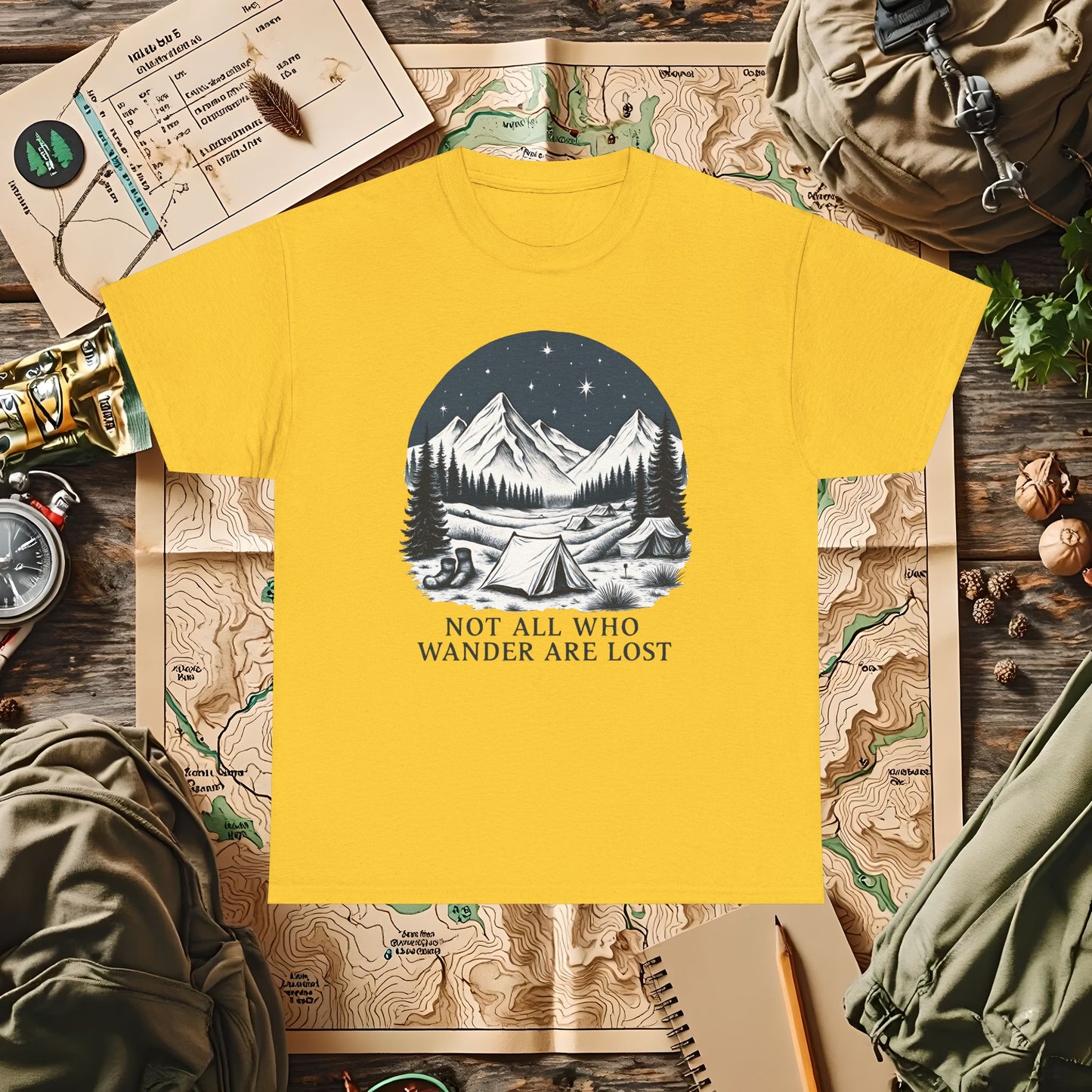 Not All Who Wander Are Lost T-Shirt – Mountain Camping Under Starry Night Camping, Hiking, Rafting & Kayaking Tees for Nature Lovers