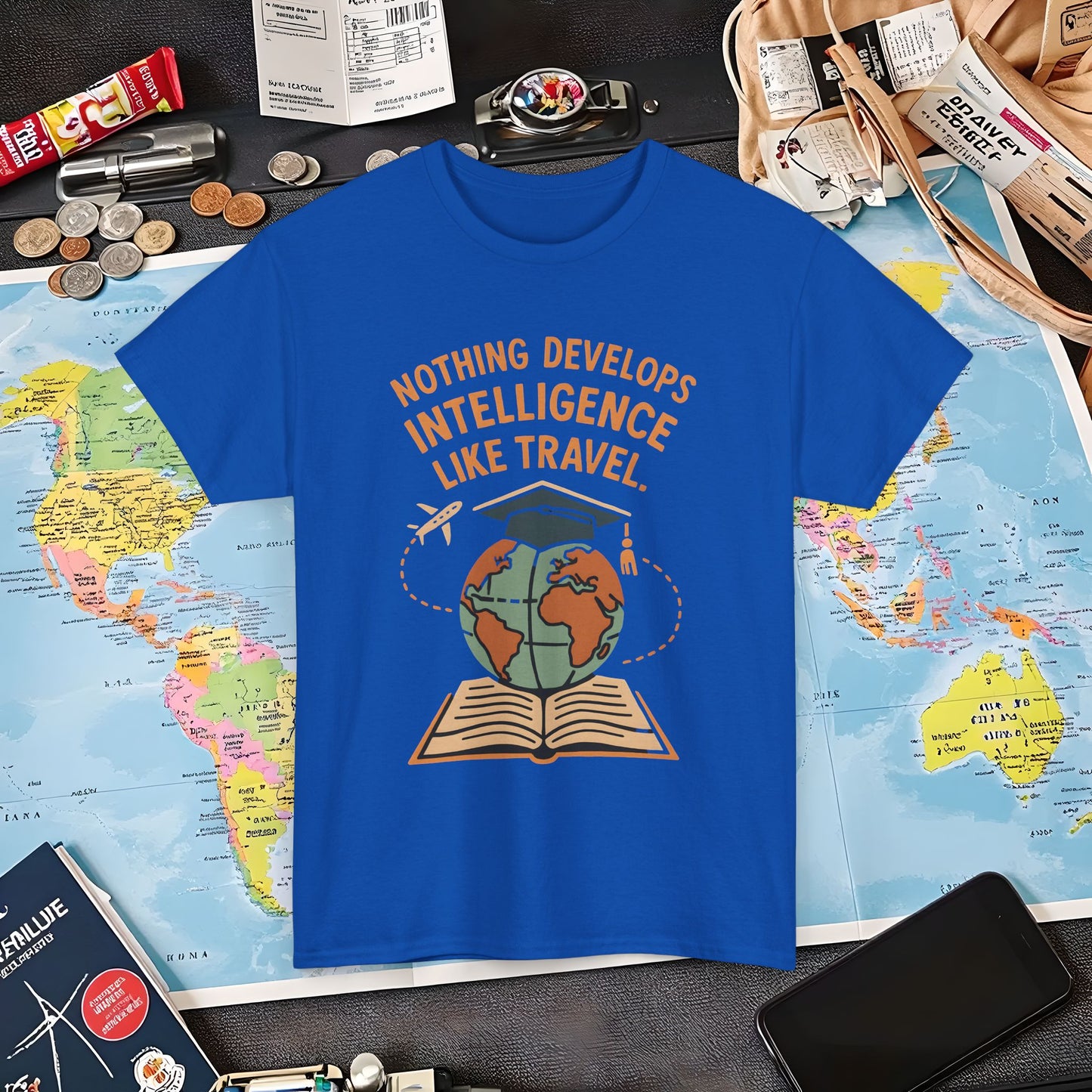 Nothing Develops Intelligence Like Travel – Globe Graduation Wisdom Tee | Layover Club Air Travel T-Shirts | Jetsetter, Airport, and International Flight Tees