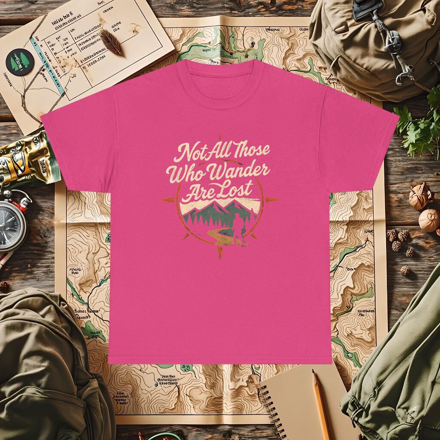 Not All Who Wander Are Lost – Vintage Compass Mountain Tee | Camping, Hiking, Rafting & Kayaking Tees for Nature Lovers