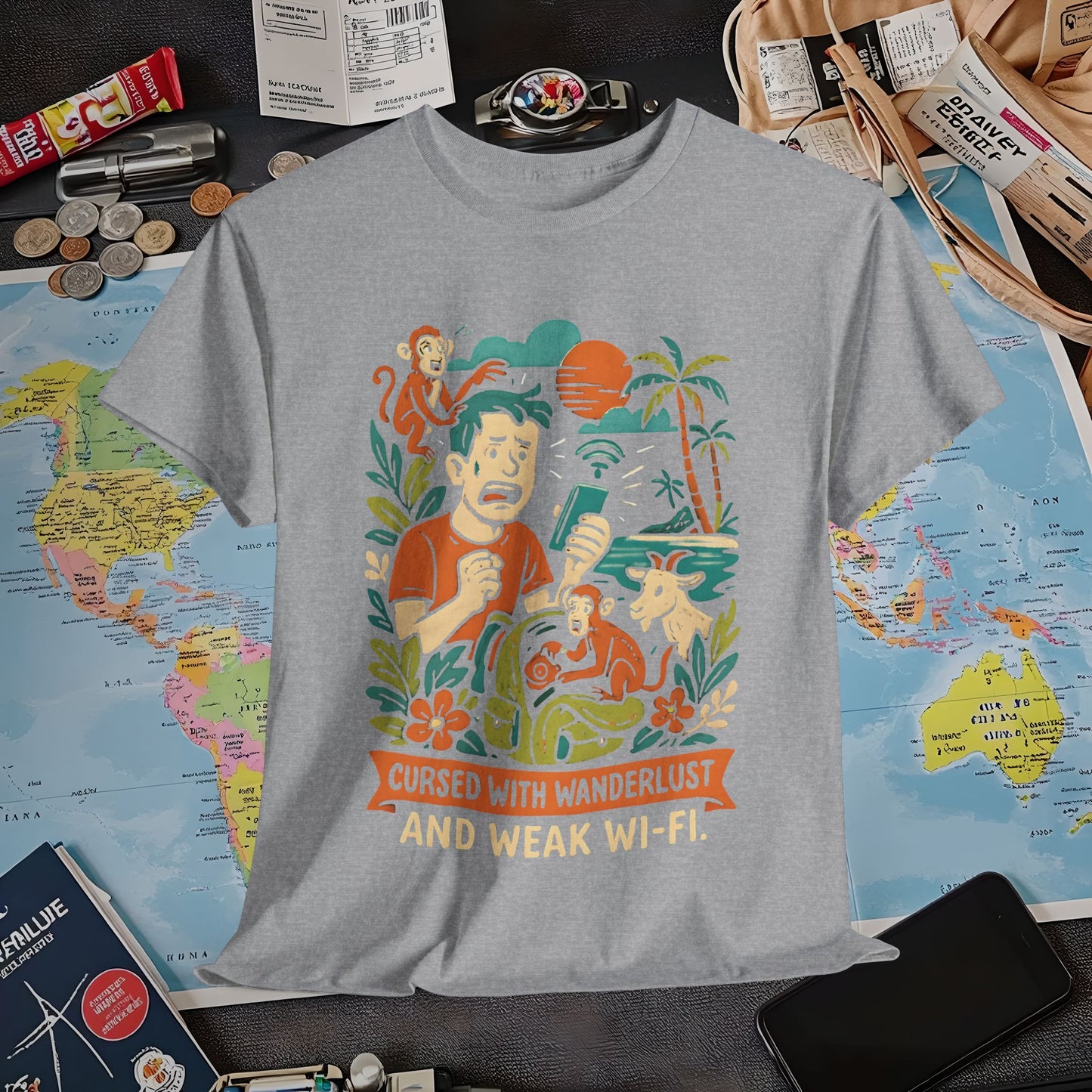 Cursed with Wanderlust and Weak Wi-Fi – Funny Tropical Traveler Frustration Tee Travel T-Shirts | Jetsetter, Airport, and International Flight Tees