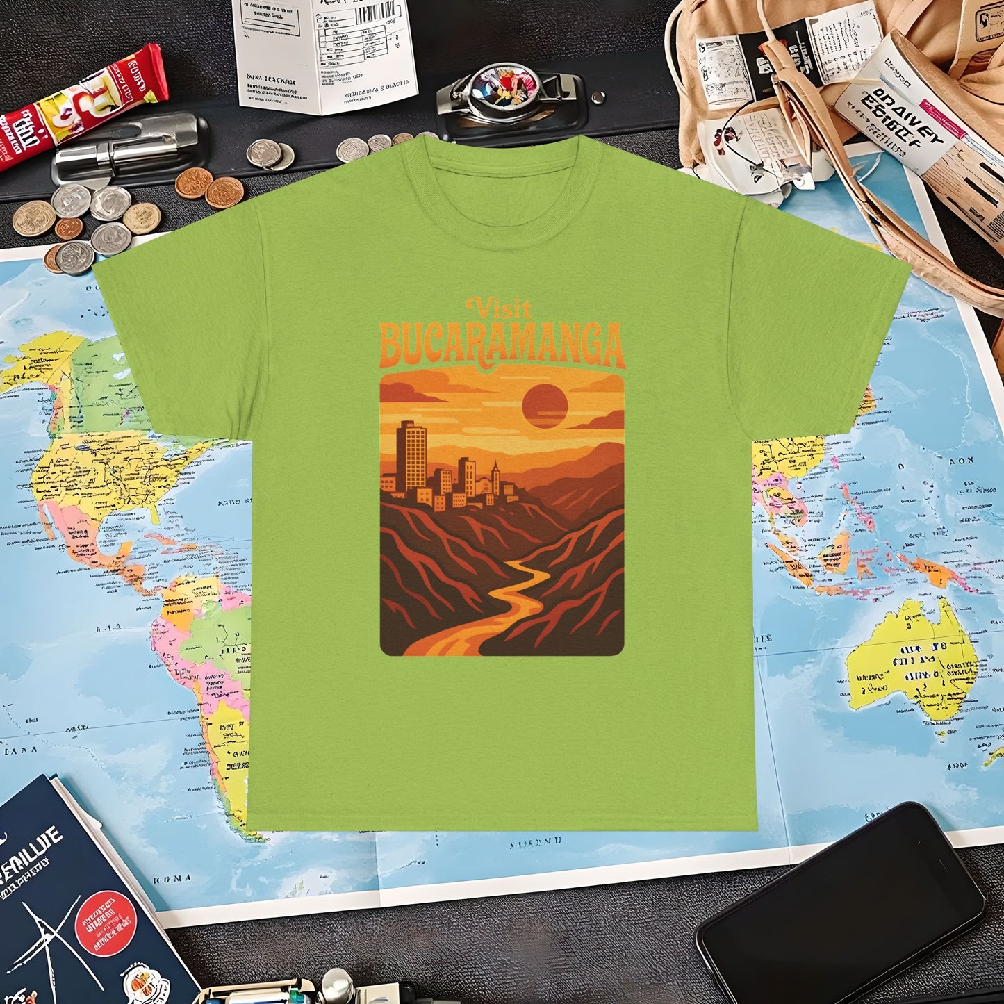 Retro Bucaramanga Skyline & Chicamocha Canyon Sunset – Vintage Colombia Travel Tee | Layover Club Air Travel T-Shirts | Jetsetter, Airport, and International Flight Tees