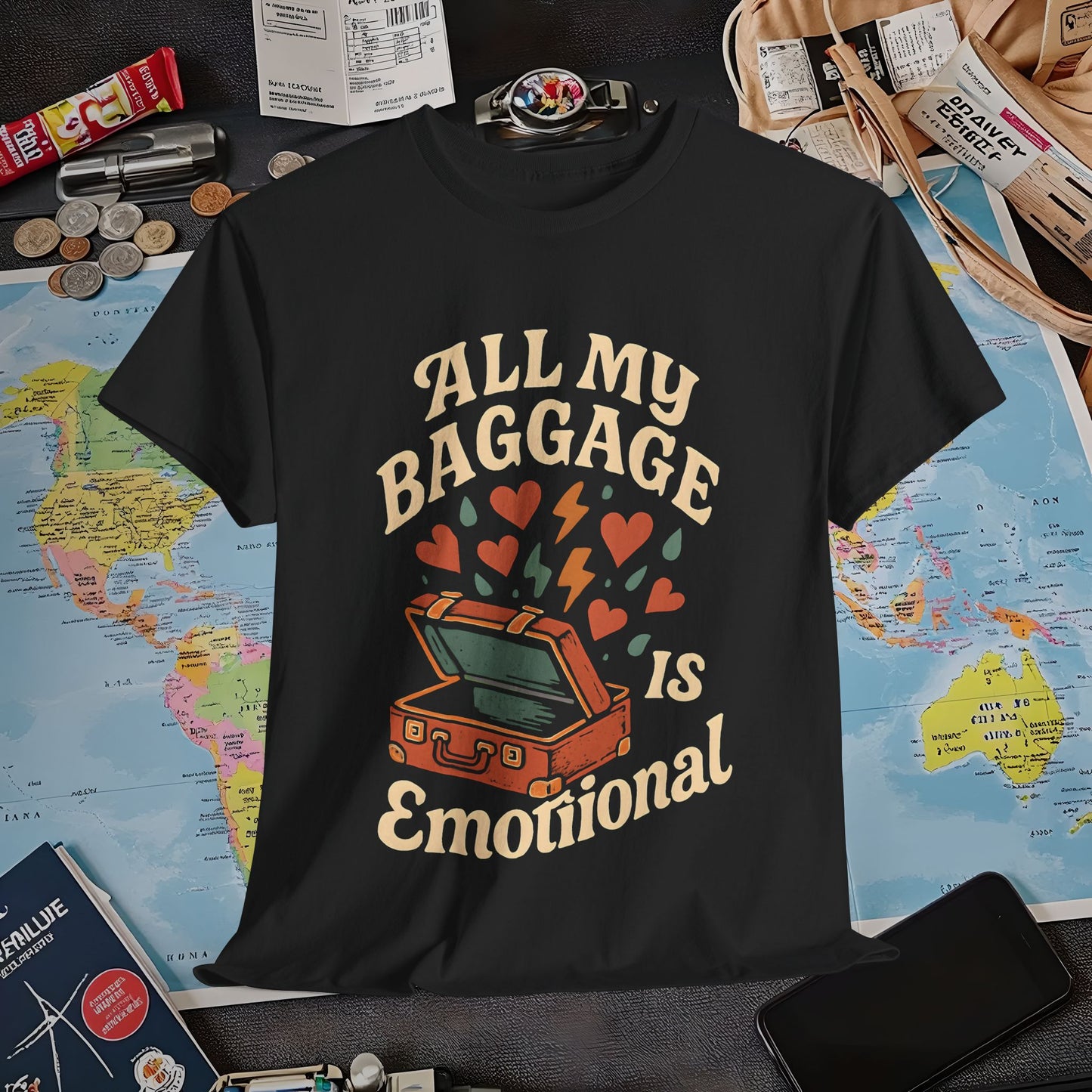 All My Baggage Is Emotional – Retro Suitcase Overflowing with Feelings Tee Air Travel T-Shirts | Jetsetter, Airport, and International Flight Tees