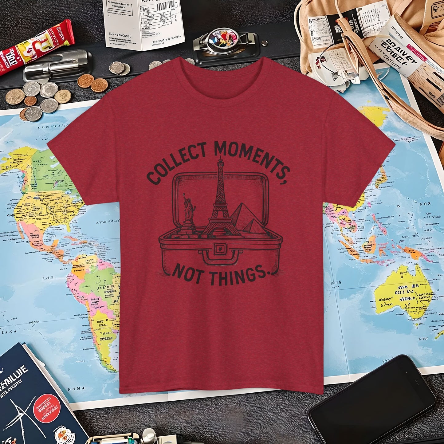 Collect Moments, Not Things T-Shirt – Inspirational Travel Quote Design Air Travel T-Shirts | Jetsetter, Airport, and International Flight Tees