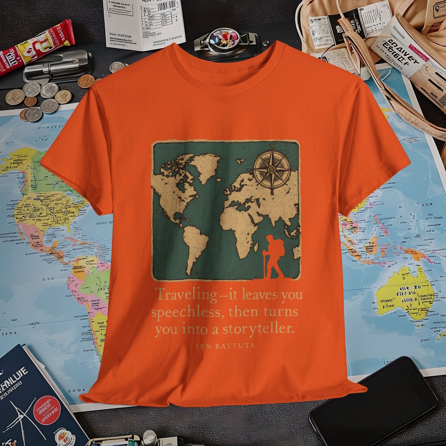 Speechless to Storyteller – Vintage Map Wanderlust Quote Tee Air Travel T-Shirts | Jetsetter, Airport, and International Flight Tees