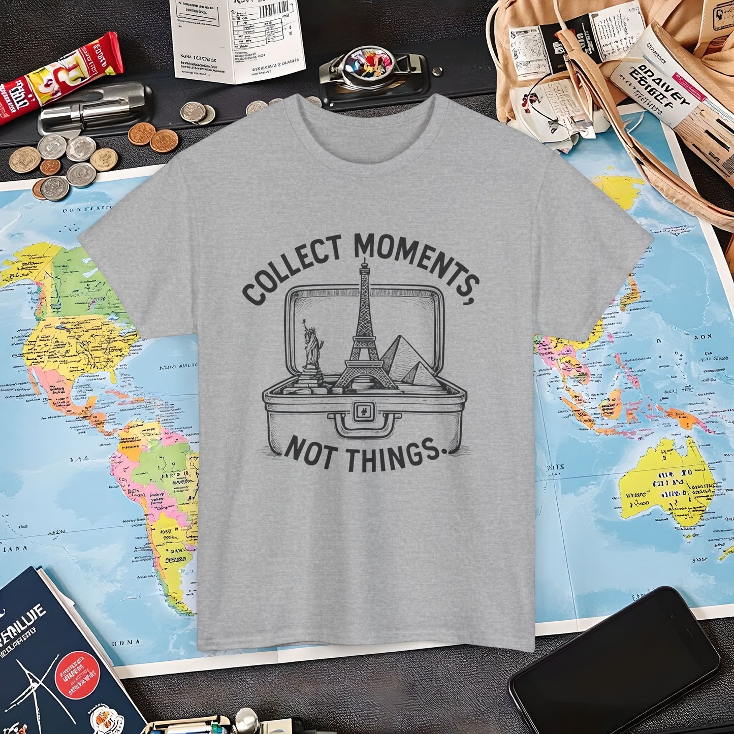 Collect Moments, Not Things T-Shirt – Inspirational Travel Quote Design Air Travel T-Shirts | Jetsetter, Airport, and International Flight Tees