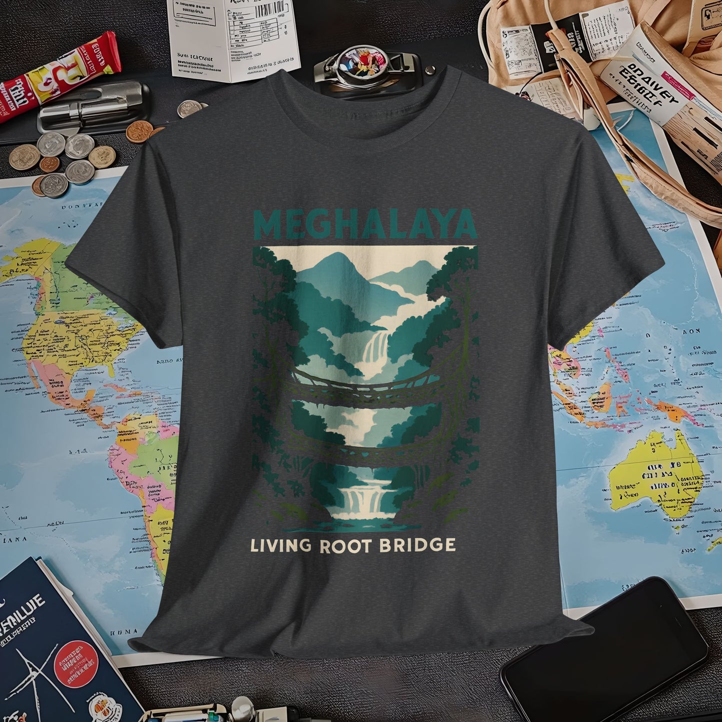Living Root Bridges of Meghalaya – Hidden India Nature Adventure Tee Air Travel T-Shirts | Jetsetter, Airport, and International Flight Tees