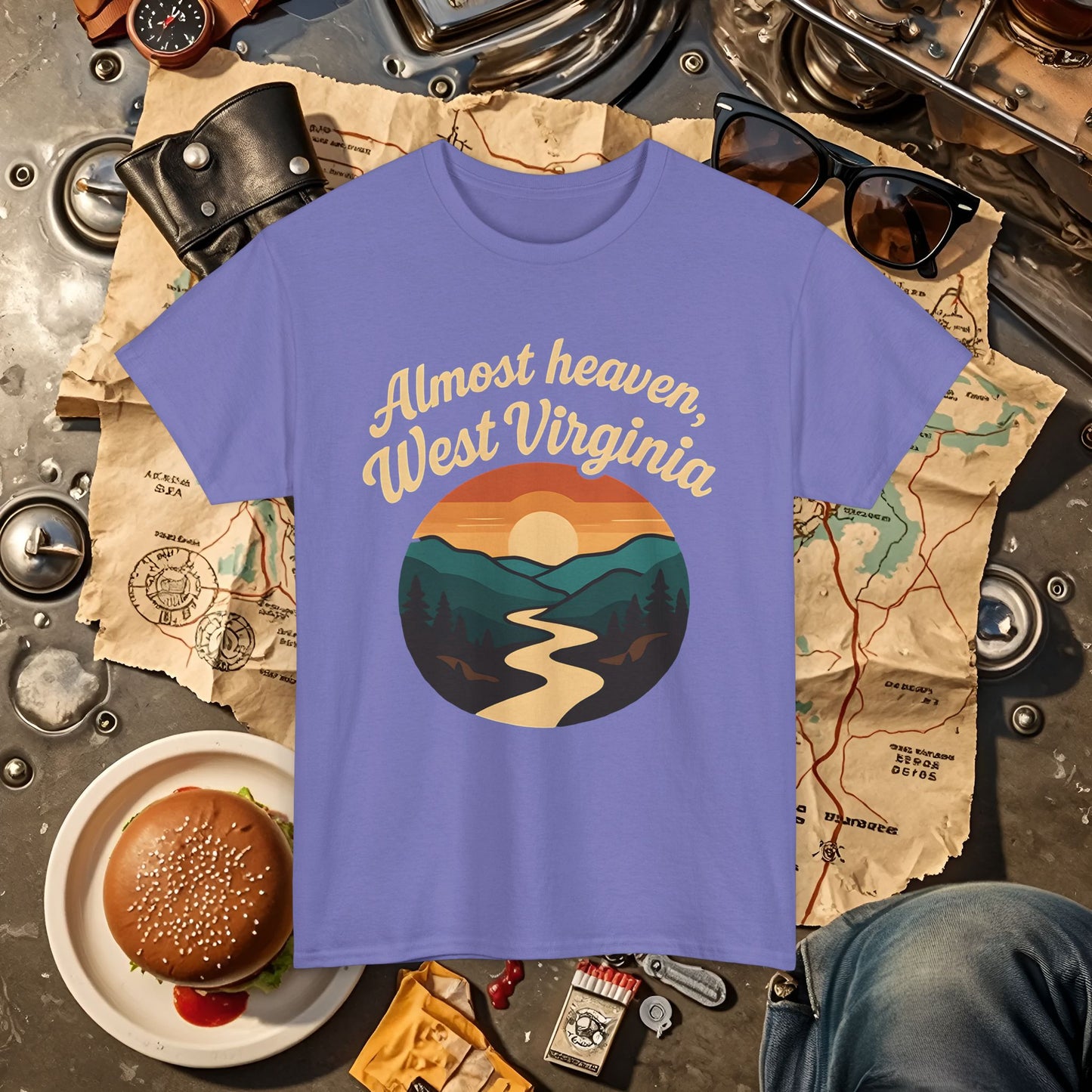 Almost Heaven, West Virginia T-Shirt – Vintage Appalachian Sunset with Winding River Road Trip & Vehicle Travel T-Shirts | Car, RV, and Motorcycle Adventure Tees