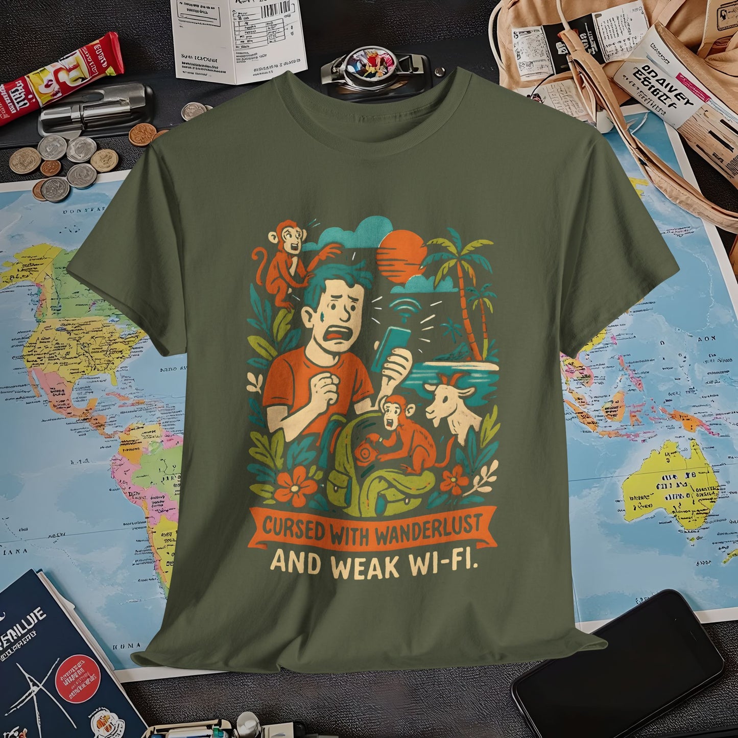 Cursed with Wanderlust and Weak Wi-Fi – Funny Tropical Traveler Frustration Tee Travel T-Shirts | Jetsetter, Airport, and International Flight Tees