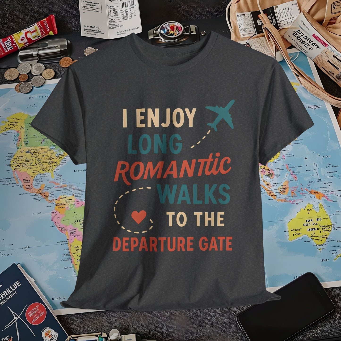 Long Romantic Walks to the Departure Gate Tee – Playful Vintage Travel Shirt Air Travel T-Shirts | Jetsetter, Airport, and International Flight Tees