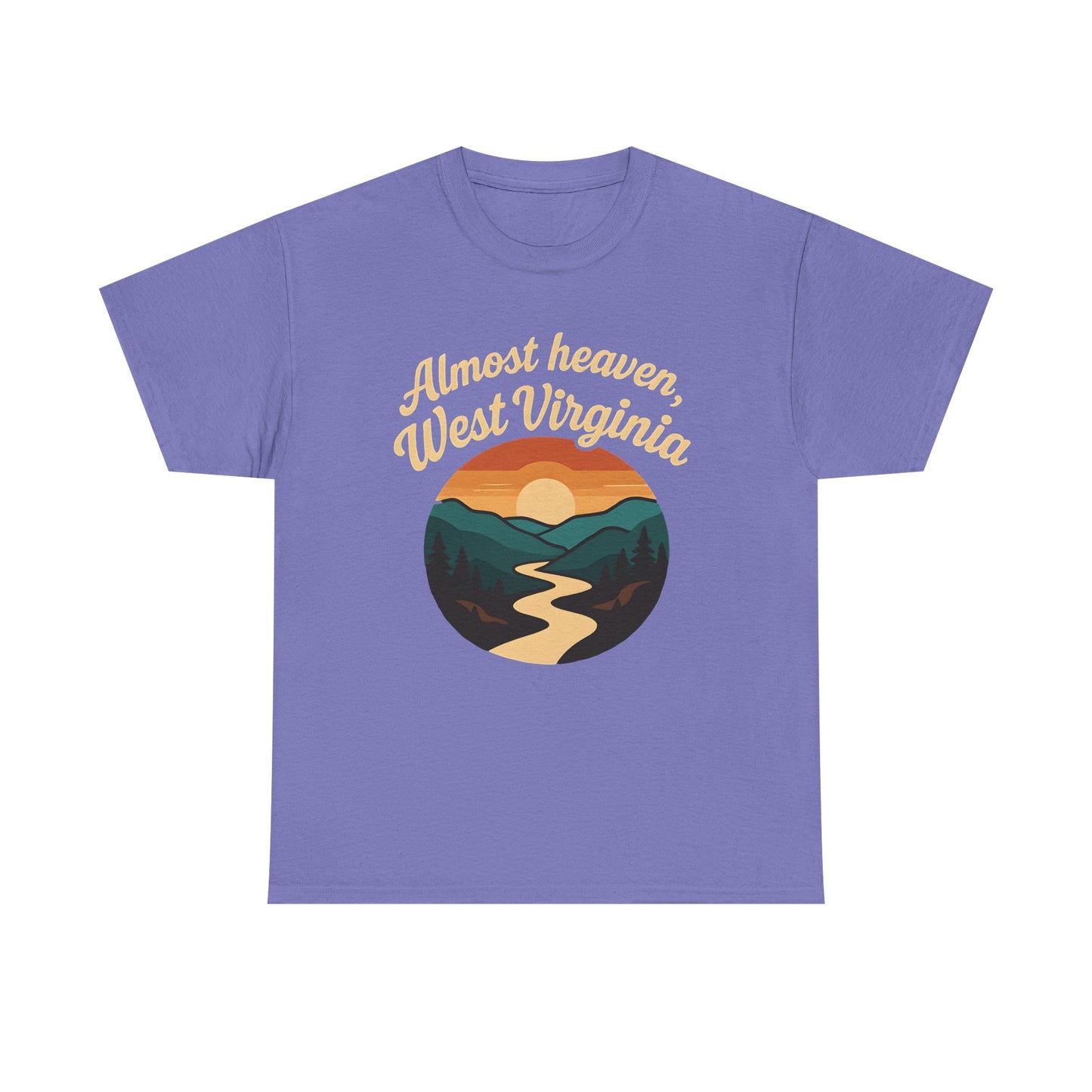 Almost Heaven, West Virginia T-Shirt – Vintage Appalachian Sunset with Winding River Road Trip & Vehicle Travel T-Shirts | Car, RV, and Motorcycle Adventure Tees