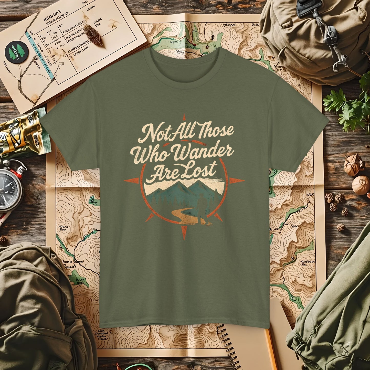 Not All Who Wander Are Lost – Vintage Compass Mountain Tee | Camping, Hiking, Rafting & Kayaking Tees for Nature Lovers