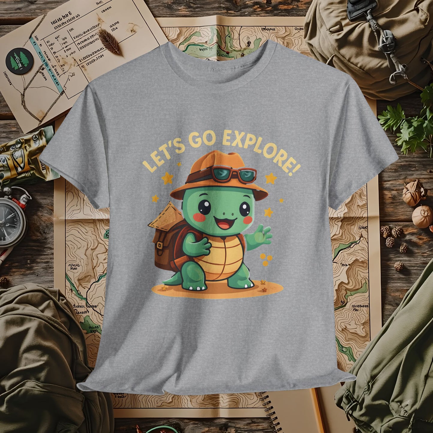 Let’s Go Explore T-Shirt – Cute Turtle Explorer with Travel Gear Design | Camping, Hiking, Rafting & Kayaking Tees for Nature Lovers