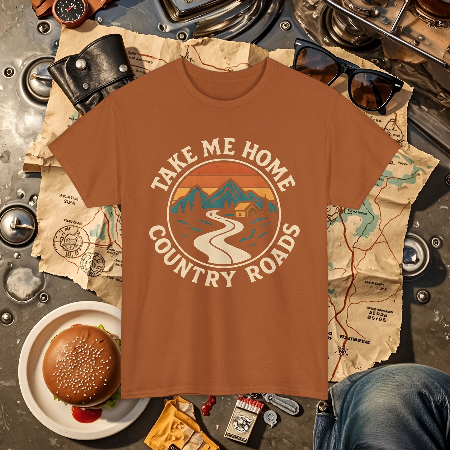Take Me Home Country Roads T-Shirt – Retro Mountain Road to Cozy Cabin Design Road Trip & Vehicle Travel T-Shirts | Car, RV, and Motorcycle Adventure Tees