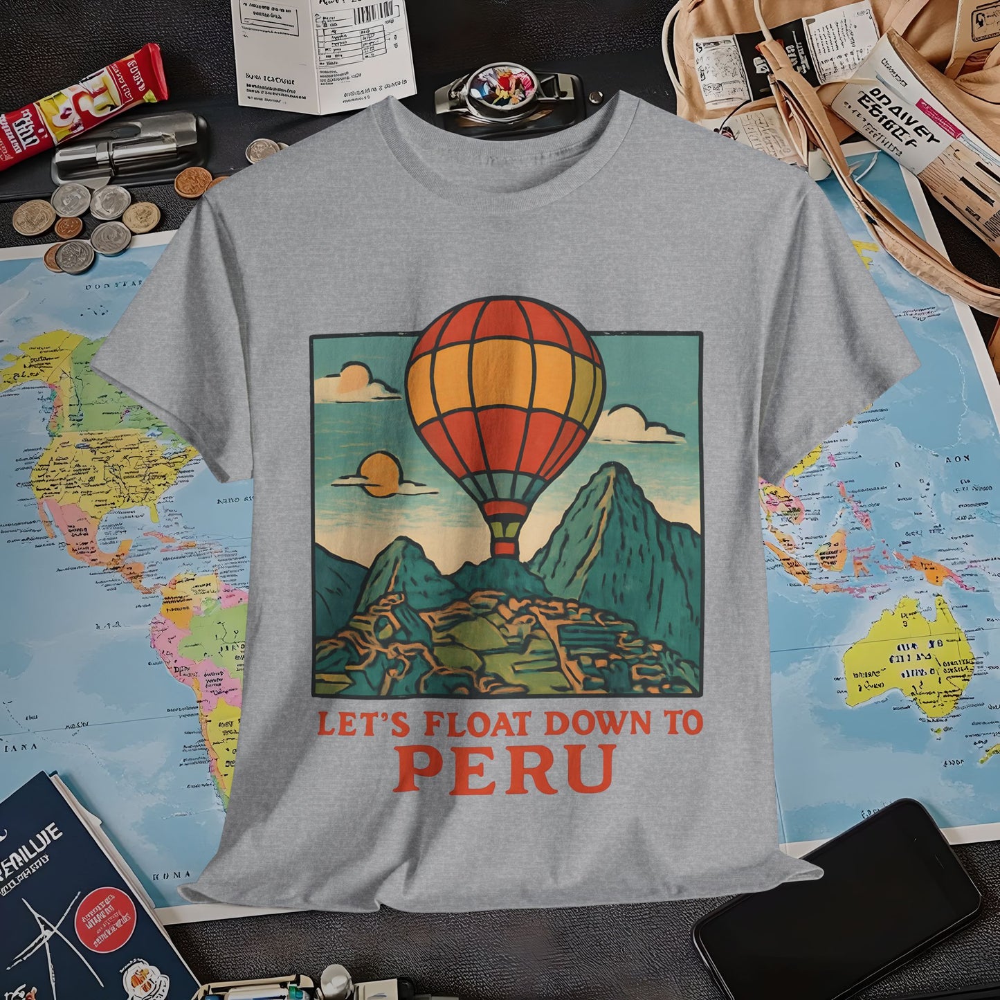 Let’s Float Down to Peru T-Shirt – Vintage Hot-Air Balloon Over Machu Picchu Design Air Travel T-Shirts | Jetsetter, Airport, and International Flight Tees