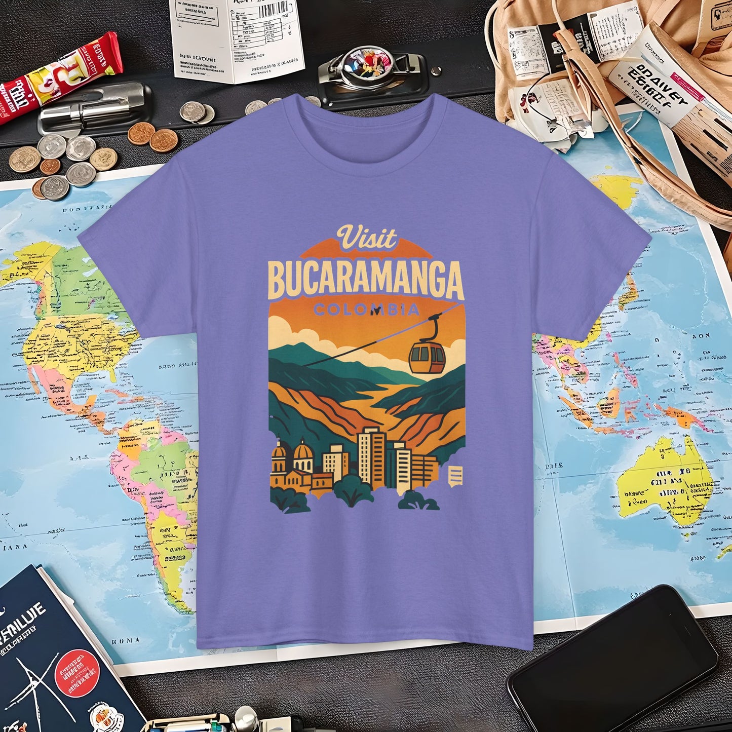 Retro Bucaramanga Skyline with Chicamocha Canyon – Vintage Colombia Travel Tee | Layover Club Air Travel T-Shirts | Jetsetter, Airport, and International Flight Tees