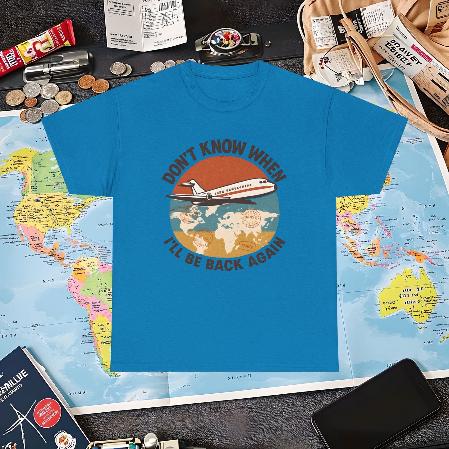 Don’t Know When I’ll Be Back Again T-Shirt – Retro ’70s Jet & Vintage Map Travel Design Air Travel T-Shirts | Jetsetter, Airport, and International Flight Tees
