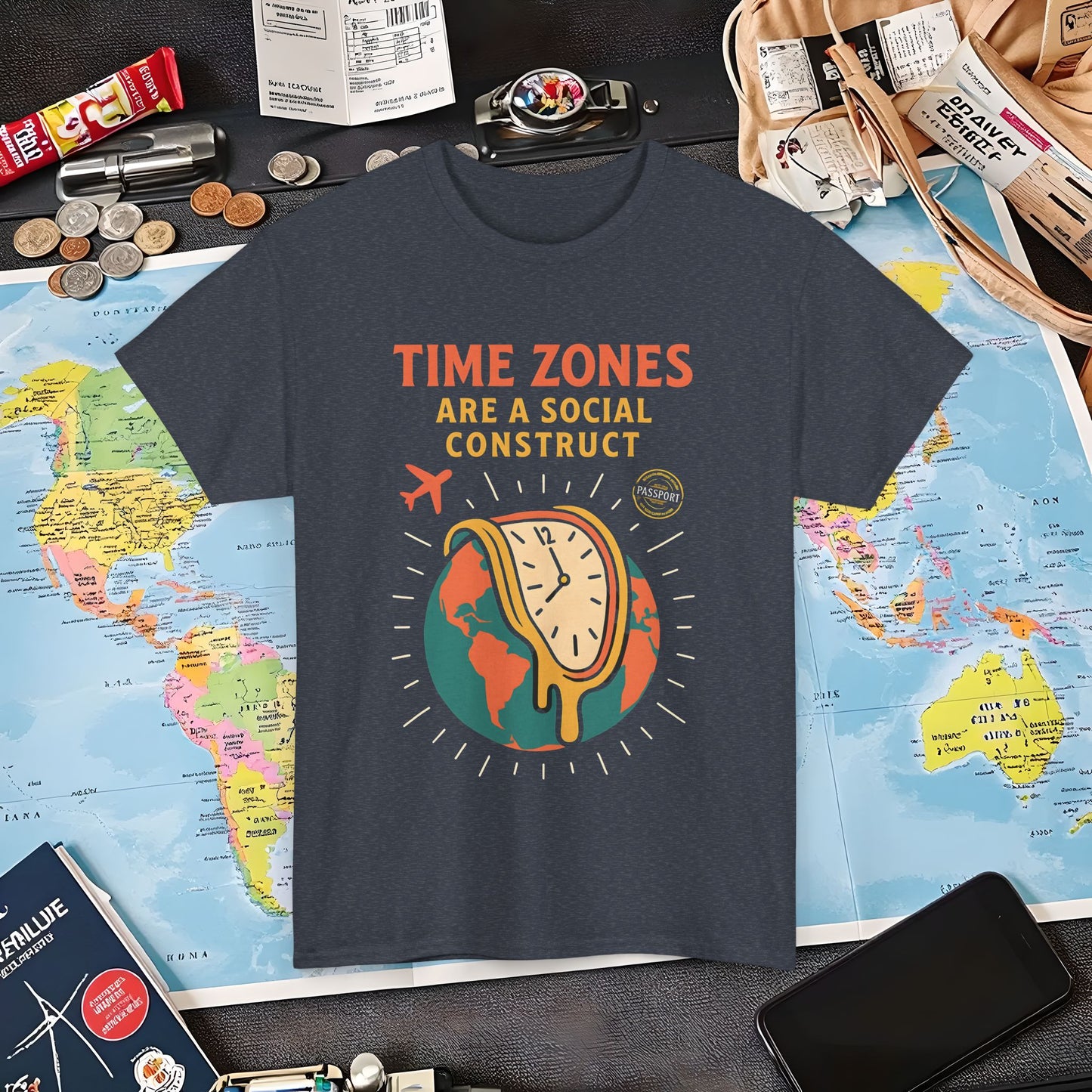 Time Zones Are a Social Construct Tee – Melting Clock Over World Map Travel Shirt Air Travel T-Shirts | Jetsetter, Airport, and International Flight Tees