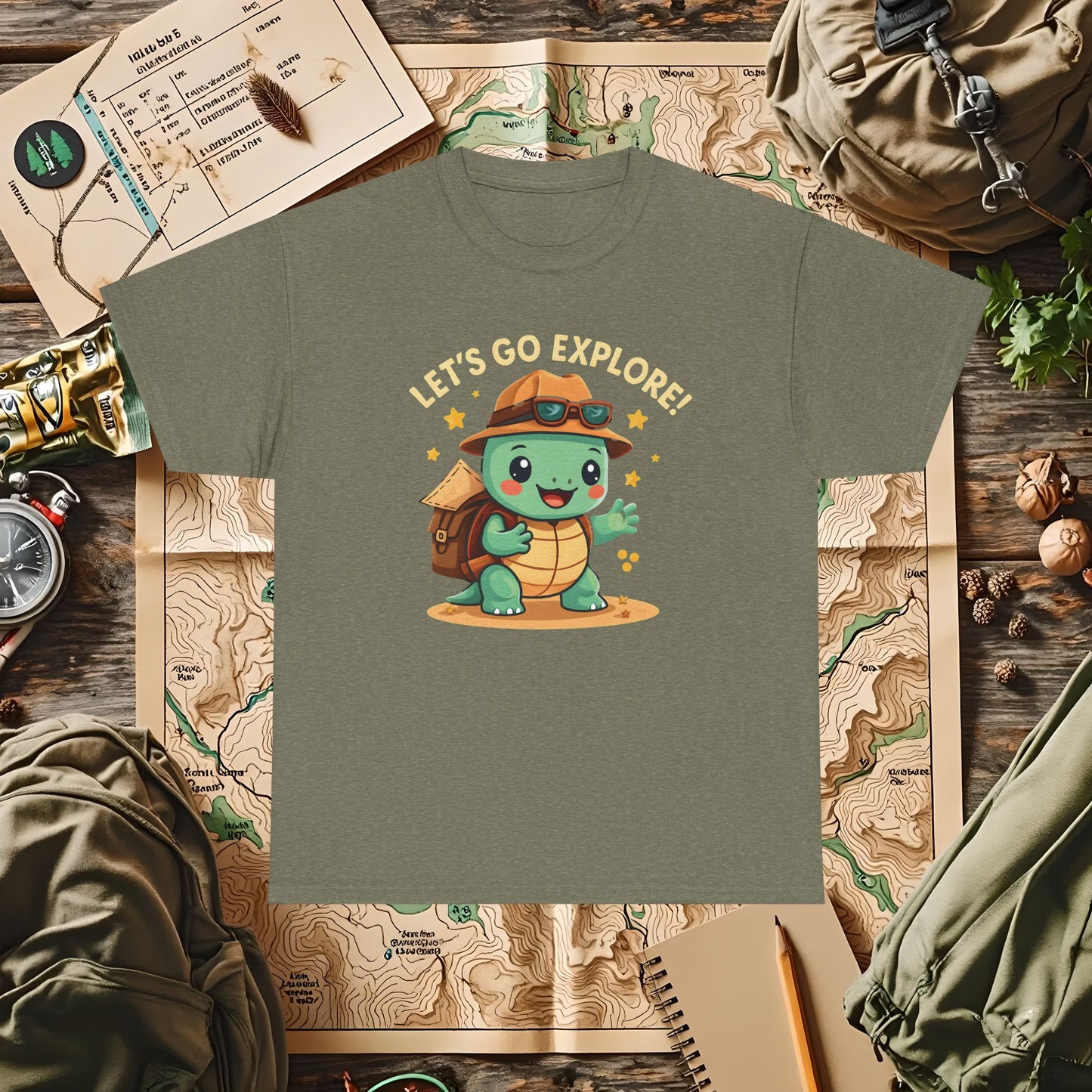 Let’s Go Explore T-Shirt – Cute Turtle Explorer with Travel Gear Design | Camping, Hiking, Rafting & Kayaking Tees for Nature Lovers