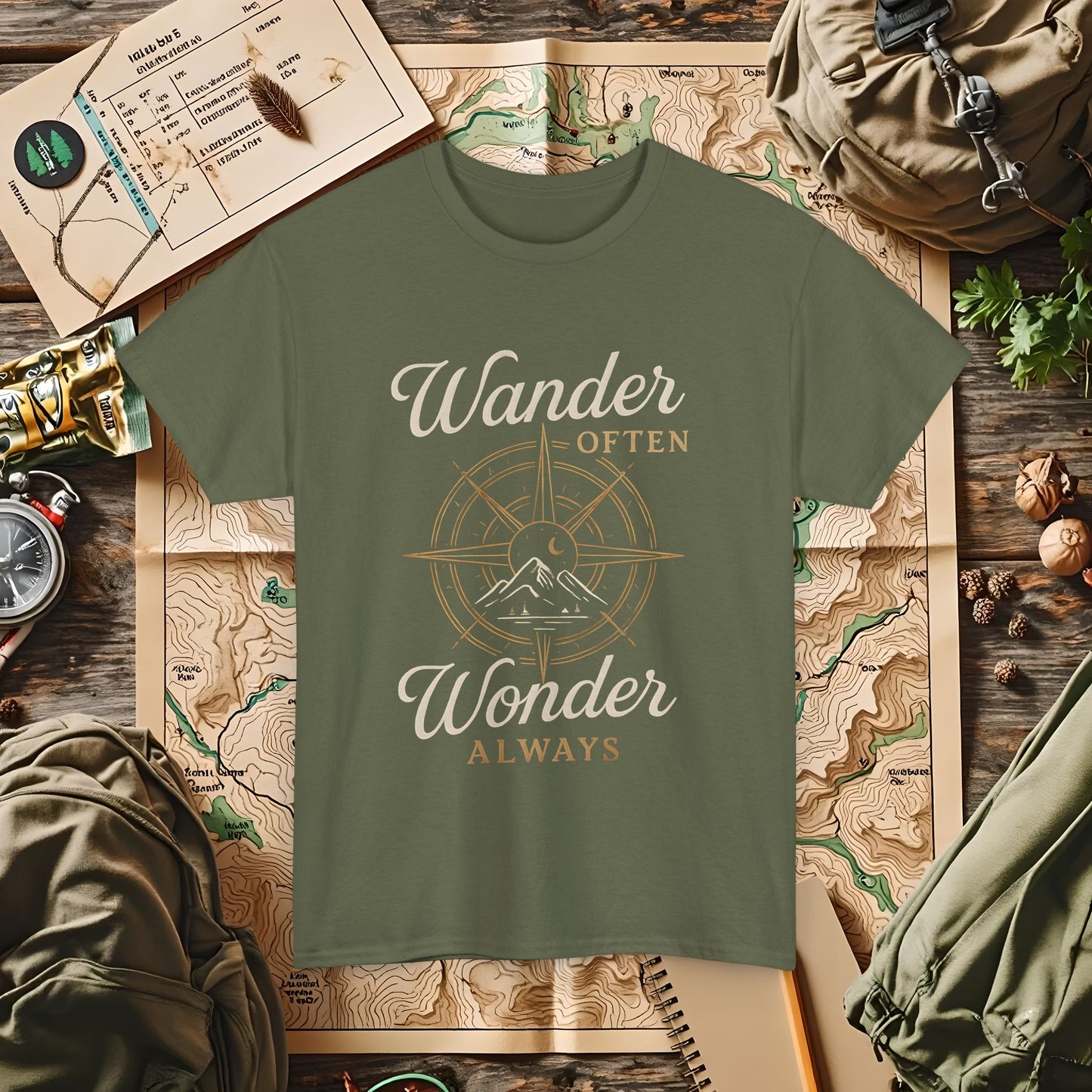 Wander Often, Wonder Always – Compass Quote Travel Tee | Camping, Hiking, Rafting & Kayaking Tees for Nature Lovers