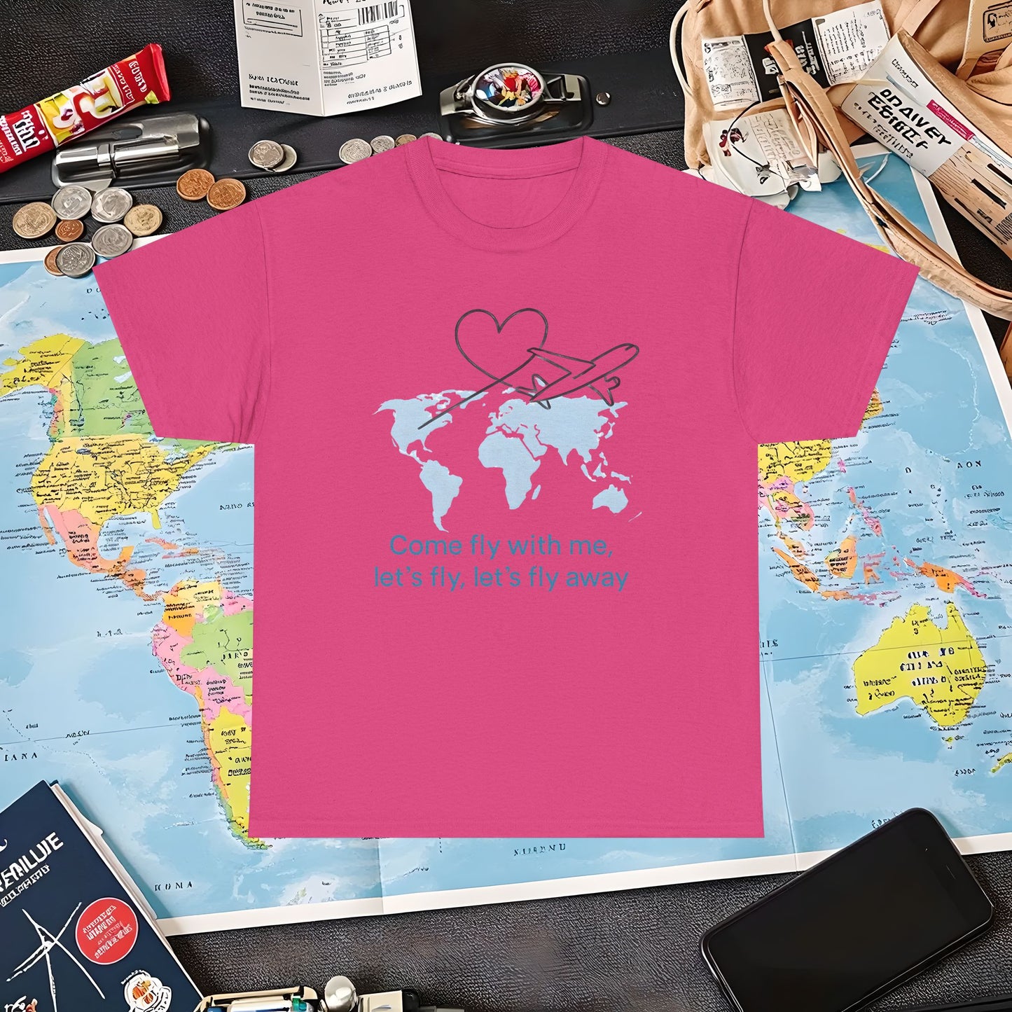 Come Fly With Me T-Shirt – Heart-Loop Airplane Over World Map Design Air Travel T-Shirts | Jetsetter, Airport, and International Flight Tees