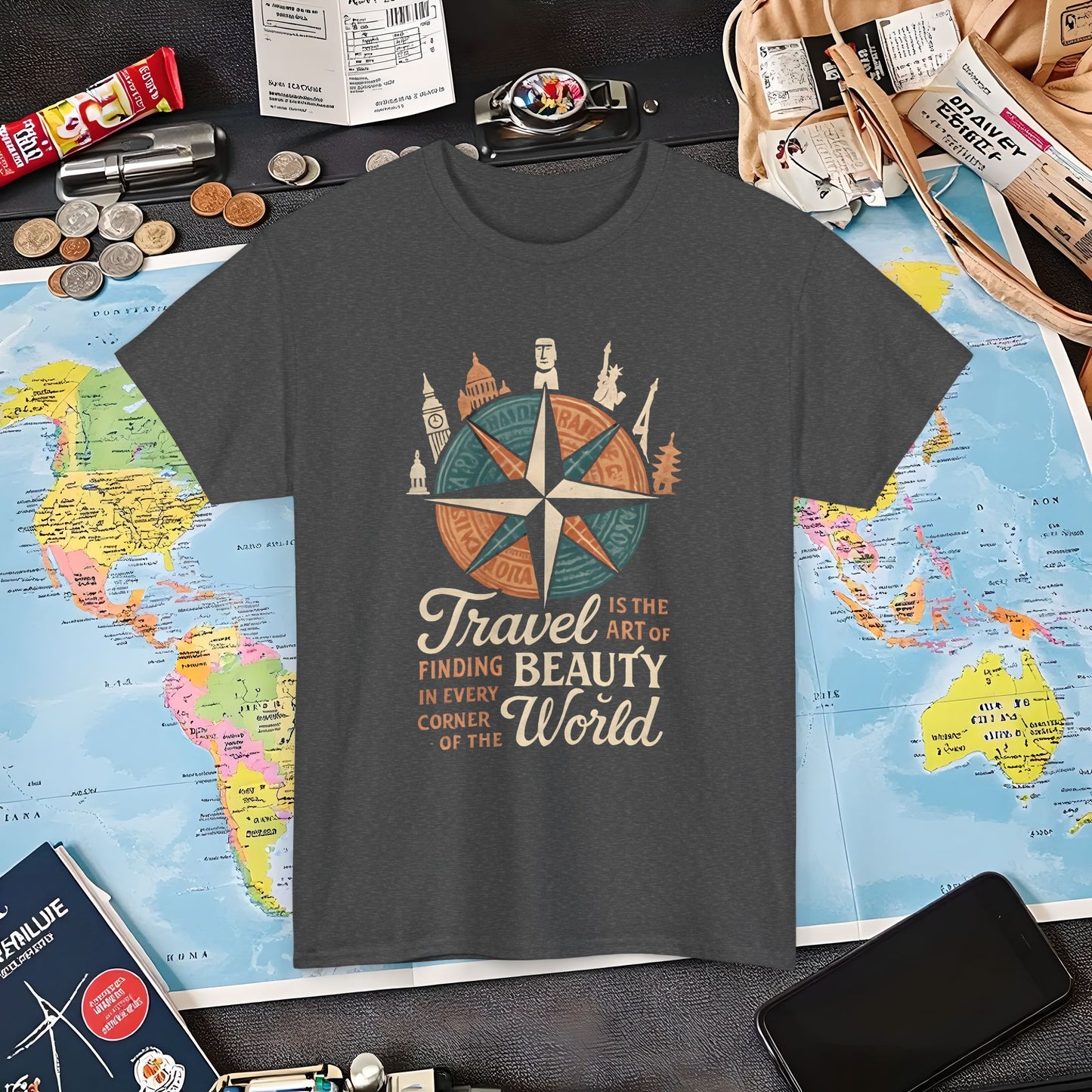 Travel Is the Art of Finding Beauty – Vintage Compass Rose & World Landmark Tee | Layover Club Air Travel T-Shirts | Jetsetter, Airport, and International Flight Tees