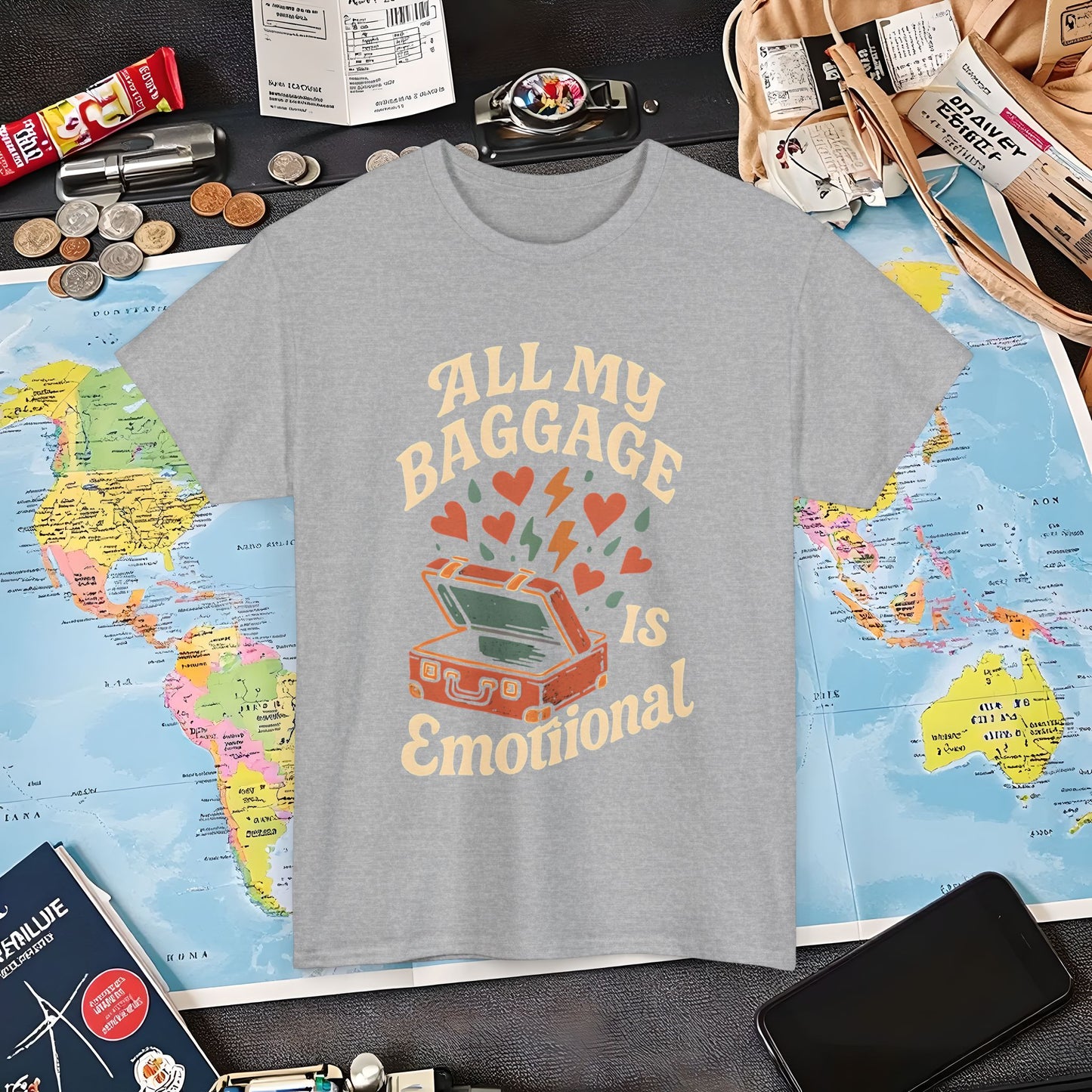 All My Baggage Is Emotional – Retro Suitcase Overflowing with Feelings Tee Air Travel T-Shirts | Jetsetter, Airport, and International Flight Tees