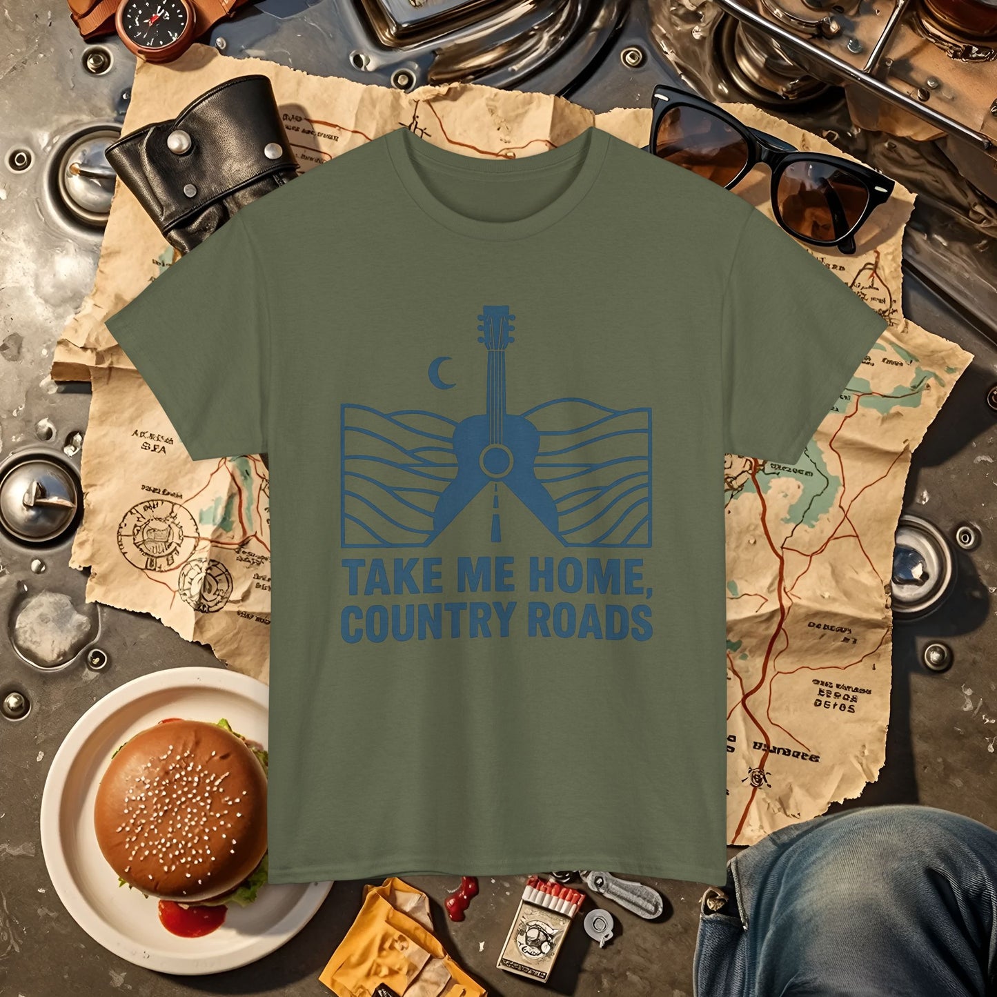Take Me Home, Country Roads T-Shirt – Guitar Horizon & Open Highway Design Road Trip & Vehicle Travel T-Shirts | Car, RV, and Motorcycle Adventure Tees