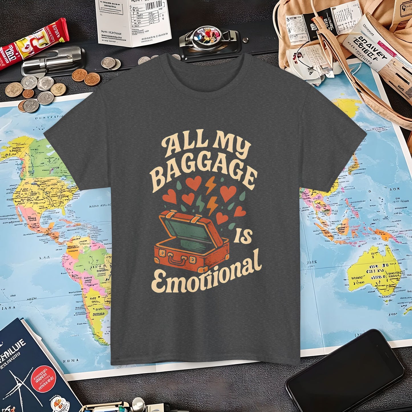 All My Baggage Is Emotional – Retro Suitcase Overflowing with Feelings Tee Air Travel T-Shirts | Jetsetter, Airport, and International Flight Tees