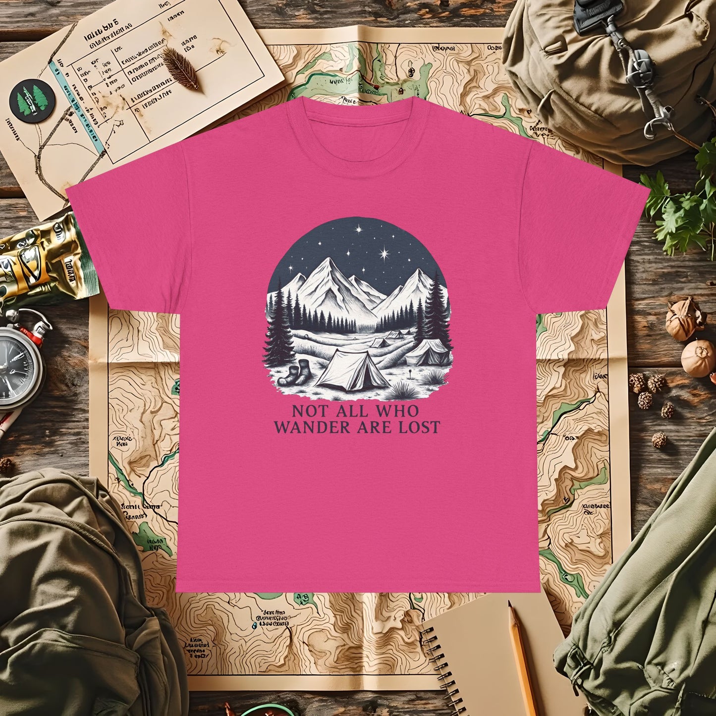 Not All Who Wander Are Lost T-Shirt – Mountain Camping Under Starry Night Camping, Hiking, Rafting & Kayaking Tees for Nature Lovers