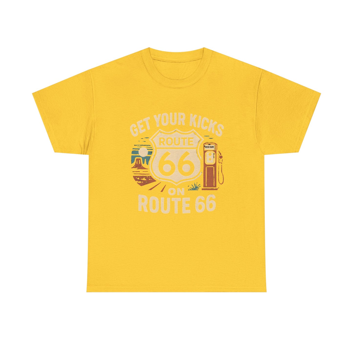 Get Your Kicks on Route 66 T-Shirt – Vintage Desert Scene with Classic Gas Pump & Roadside Vibes Road Trip & Vehicle Travel T-Shirts | Car, RV, and Motorcycle Adventure Tees