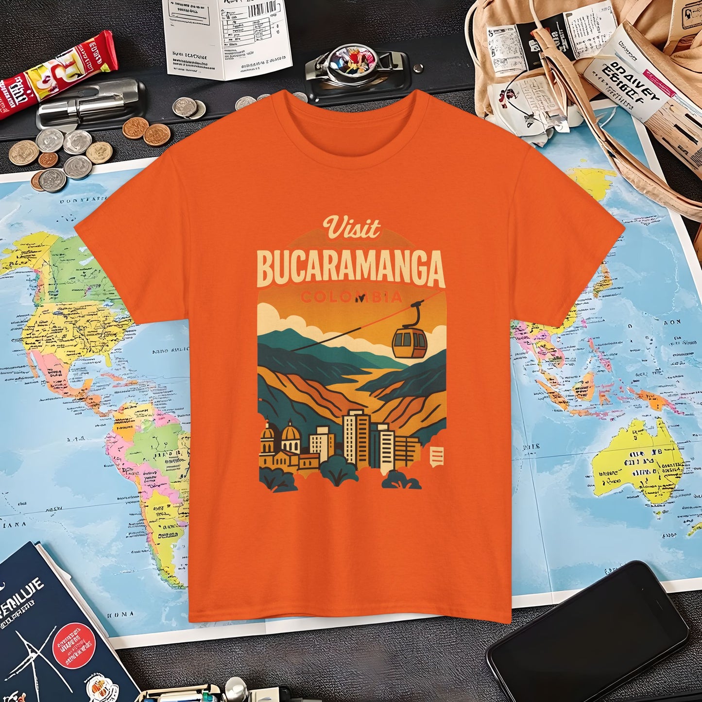 Retro Bucaramanga Skyline with Chicamocha Canyon – Vintage Colombia Travel Tee | Layover Club Air Travel T-Shirts | Jetsetter, Airport, and International Flight Tees