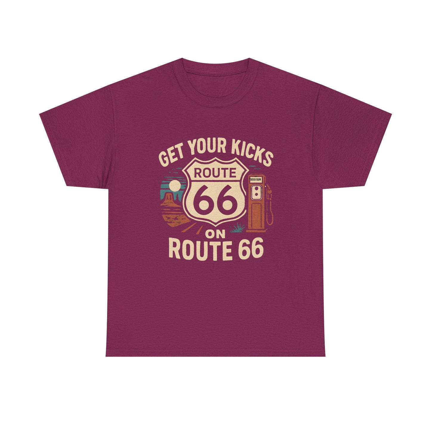 Get Your Kicks on Route 66 T-Shirt – Vintage Desert Scene with Classic Gas Pump & Roadside Vibes Road Trip & Vehicle Travel T-Shirts | Car, RV, and Motorcycle Adventure Tees