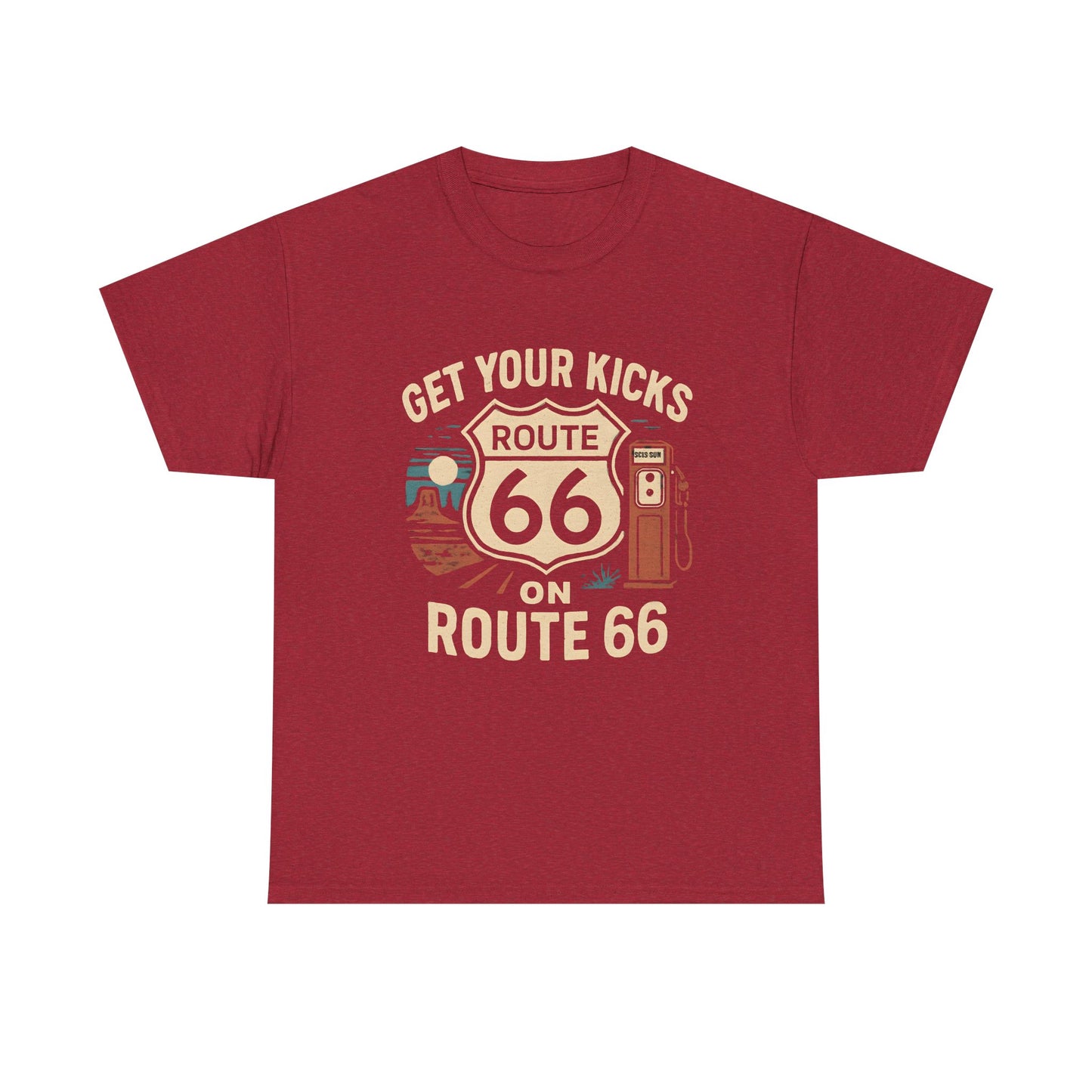 Get Your Kicks on Route 66 T-Shirt – Vintage Desert Scene with Classic Gas Pump & Roadside Vibes Road Trip & Vehicle Travel T-Shirts | Car, RV, and Motorcycle Adventure Tees