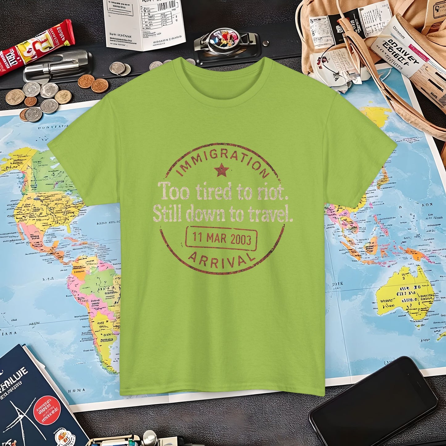 Too Tired to Riot, Still Down to Travel – Vintage Passport Stamp Travel Quote Tee Air Travel T-Shirts | Jetsetter, Airport, and International Flight Tees