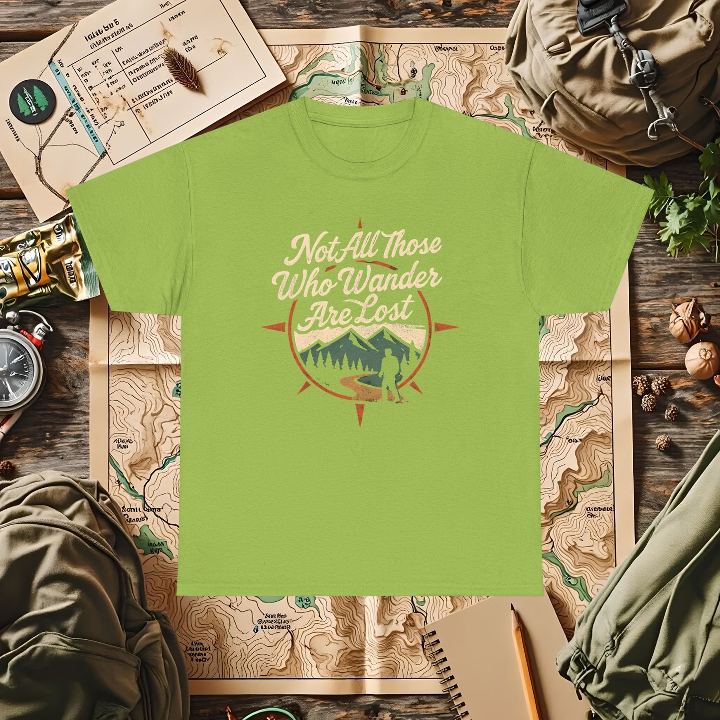 Not All Who Wander Are Lost – Vintage Compass Mountain Tee | Camping, Hiking, Rafting & Kayaking Tees for Nature Lovers