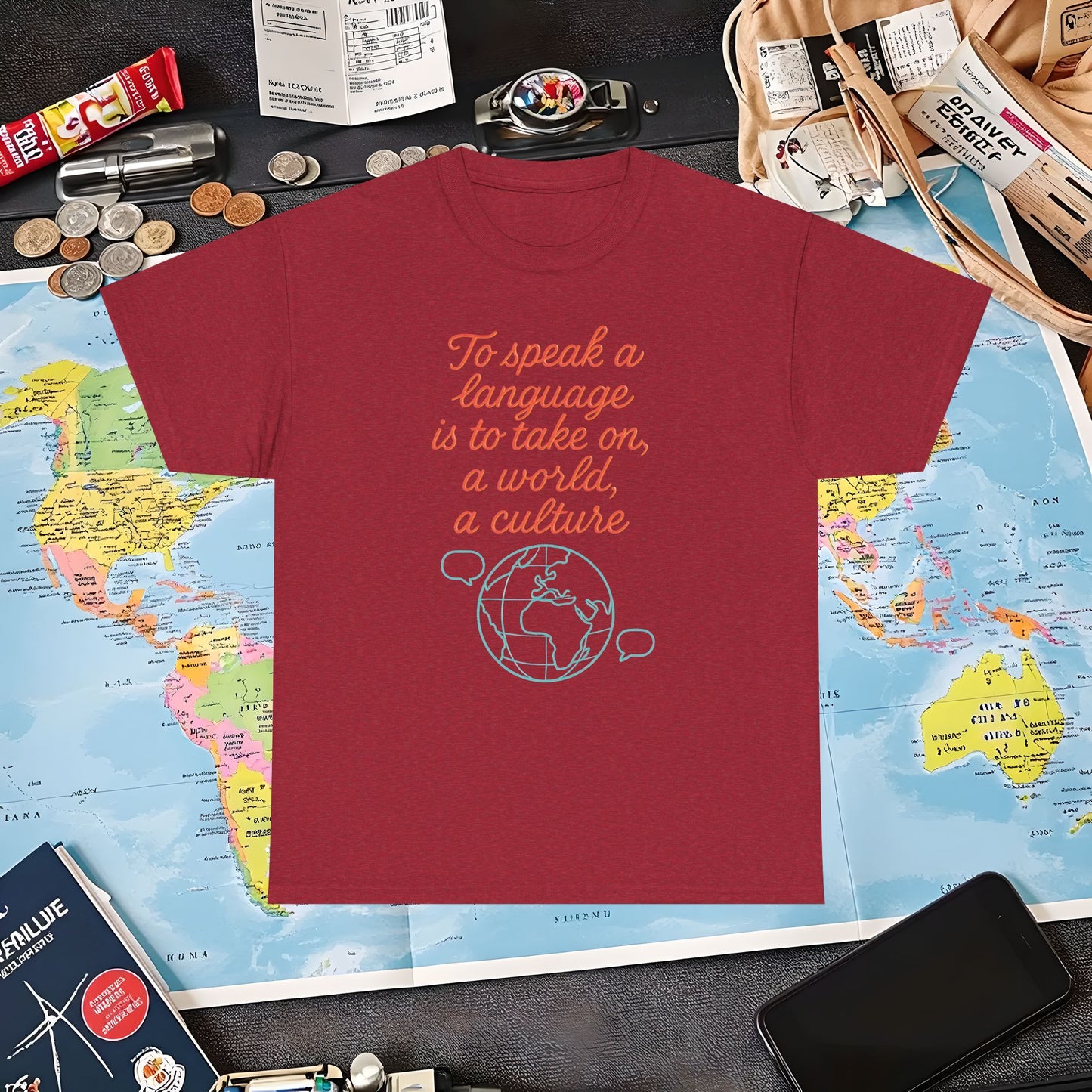 To Speak a Language Is to Take on a World – Cultural Connection Tee with Globe & Speech Bubbles | Layover Club Air Travel T-Shirts | Jetsetter, Airport, and International Flight Tees