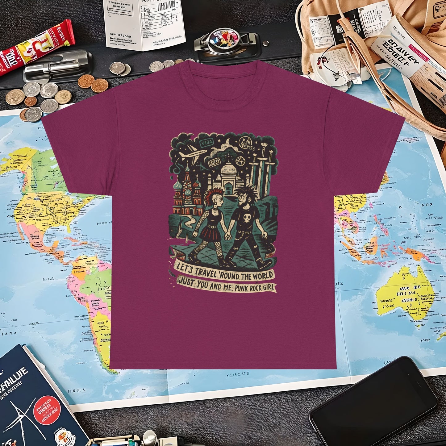 Let’s Travel 'Round the World, Just You and Me – Punk Rock Girl Global Adventure Tee Air Travel T-Shirts | Jetsetter, Airport, and International Flight Tees