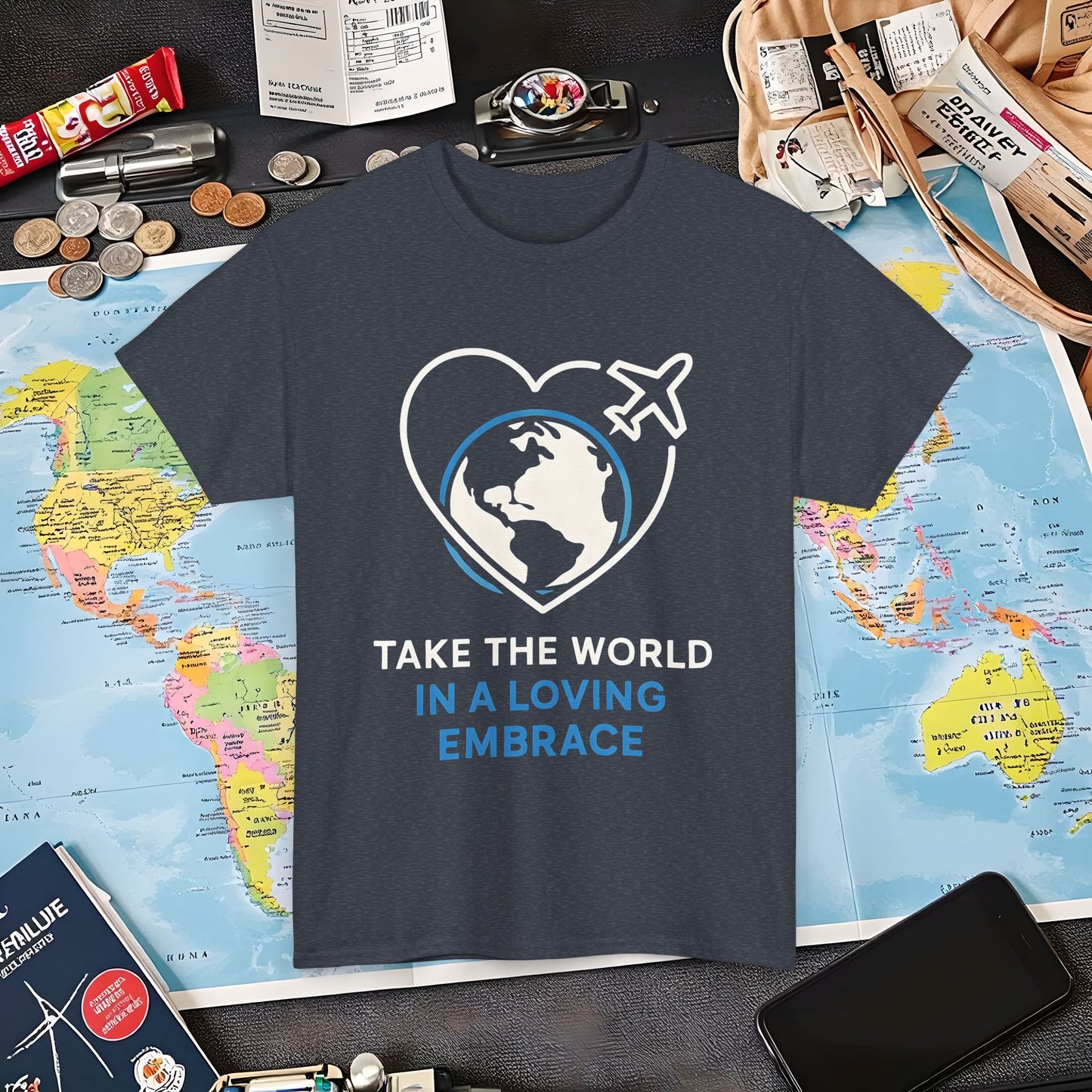 Take the World in a Loving Embrace T-Shirt – Heart in Flight Over Globe Design Air Travel T-Shirts | Jetsetter, Airport, and International Flight Tees