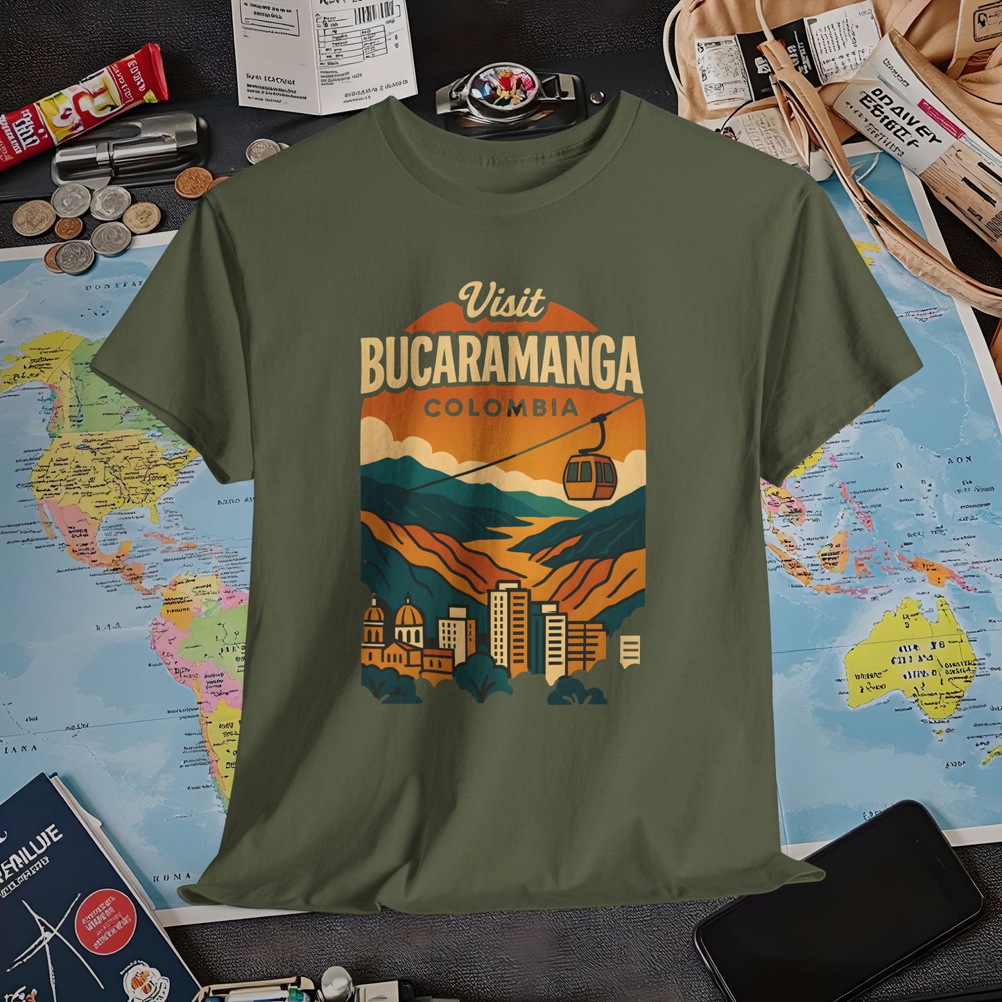 Retro Bucaramanga Skyline with Chicamocha Canyon – Vintage Colombia Travel Tee | Layover Club Air Travel T-Shirts | Jetsetter, Airport, and International Flight Tees