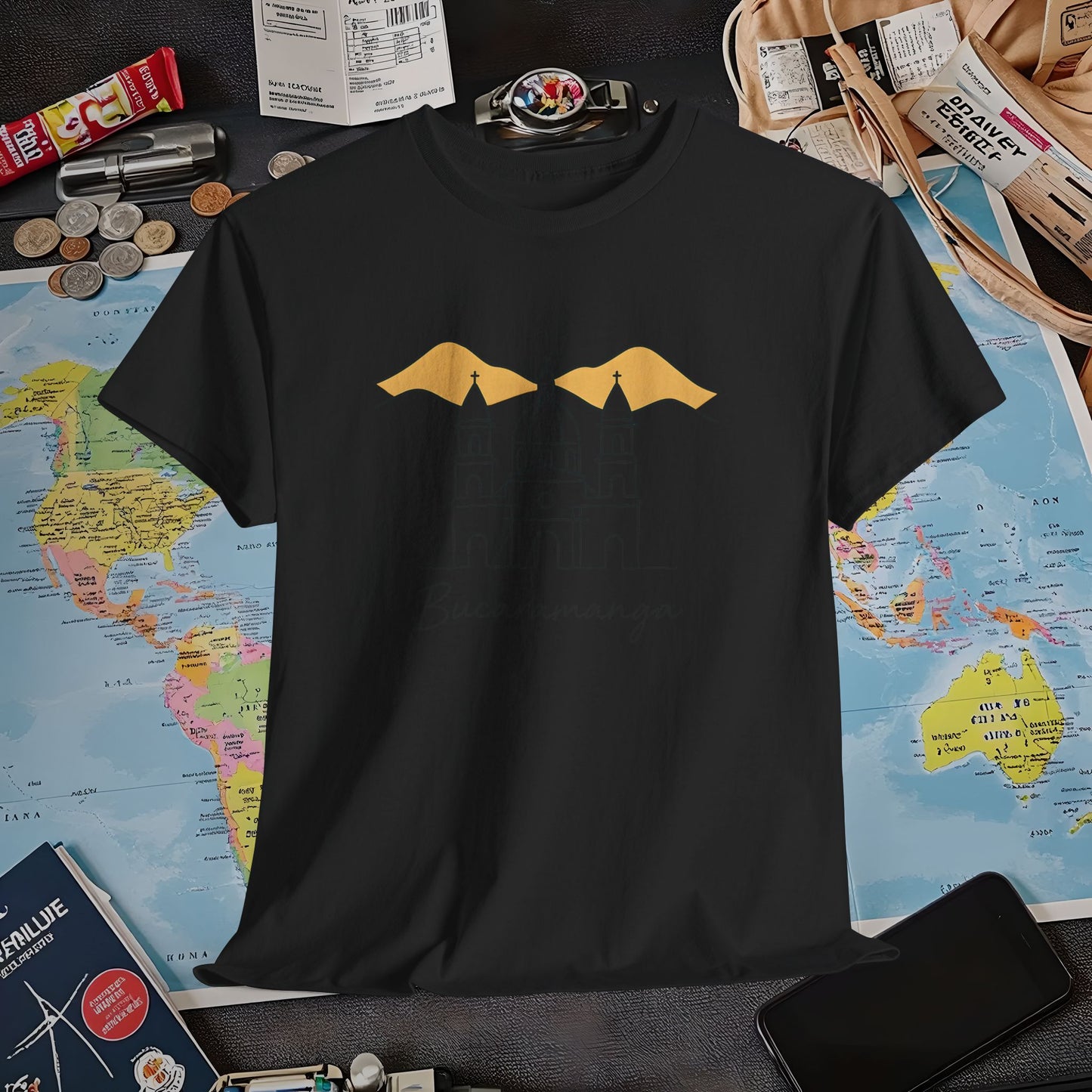 Bucaramanga Cathedral with Andes Silhouette – Vintage Colombia Travel Tee | Layover Club Air Travel T-Shirts | Jetsetter, Airport, and International Flight Tees
