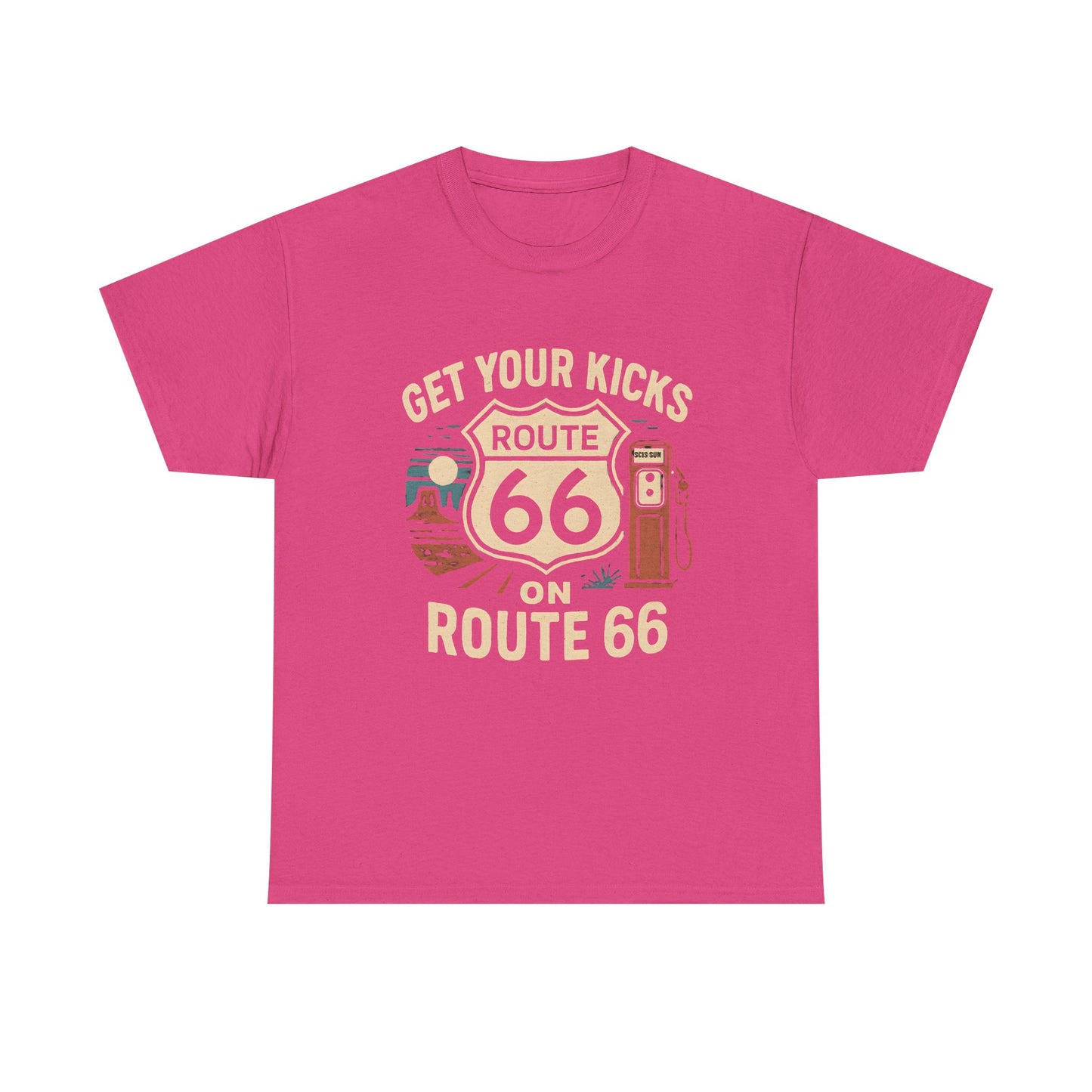 Get Your Kicks on Route 66 T-Shirt – Vintage Desert Scene with Classic Gas Pump & Roadside Vibes Road Trip & Vehicle Travel T-Shirts | Car, RV, and Motorcycle Adventure Tees