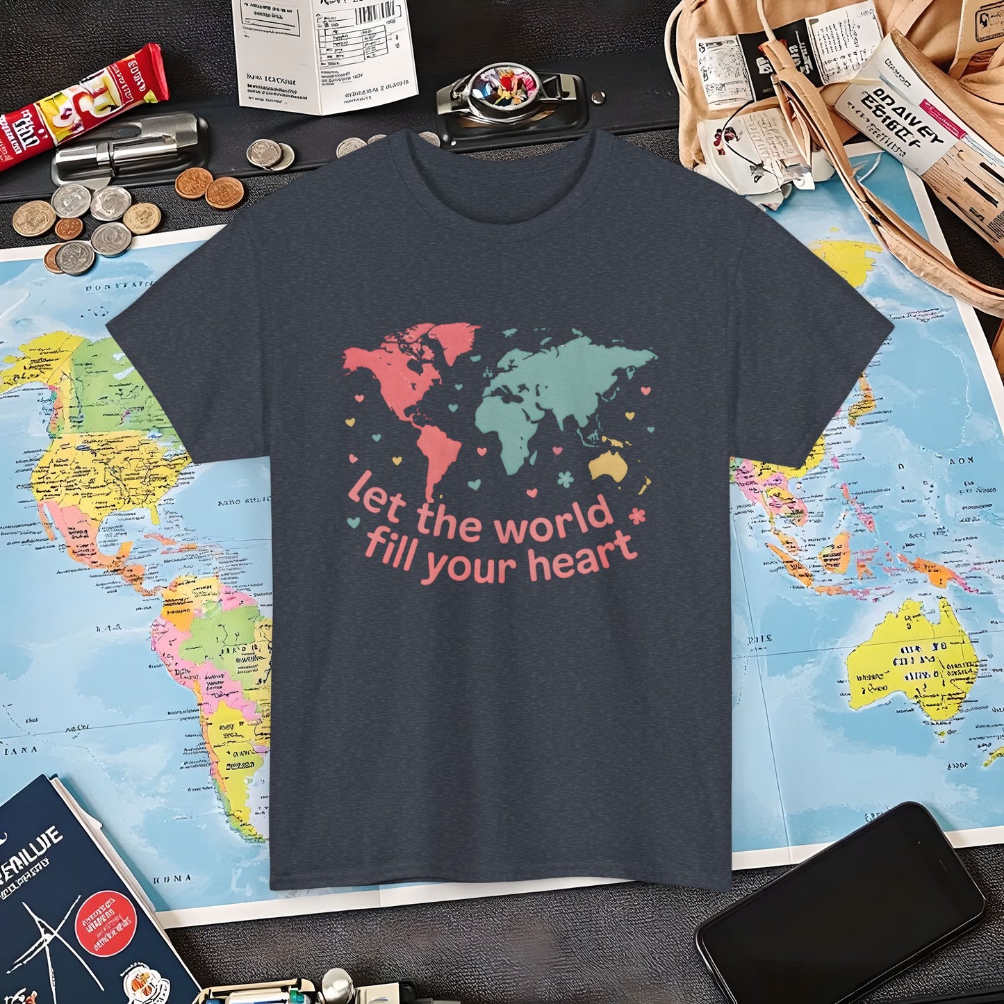 Let the World Fill Your Heart T-Shirt – World Map Adventure Design Air Travel T-Shirts | Jetsetter, Airport, and International Flight Tees