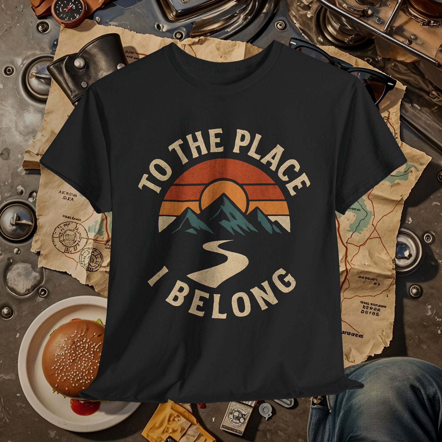 To the Place I Belong T-Shirt – Retro Sunset Mountain Road Travel Badge Road Trip & Vehicle Travel T-Shirts | Car, RV, and Motorcycle Adventure Tees